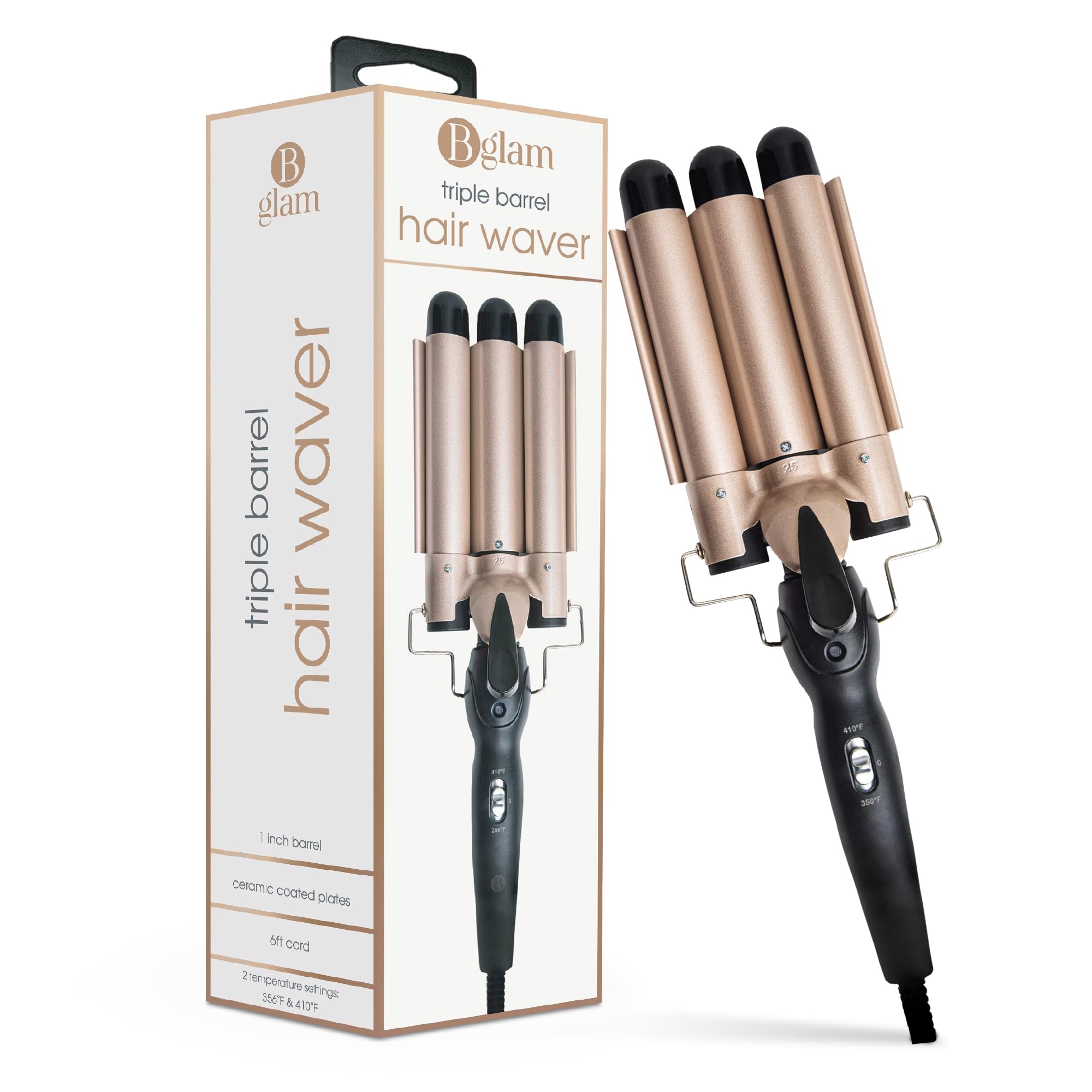 Bglam Triple Barrel Hair Waver – 1 Inch Ceramic Tourmaline Curling Iron for Beachy Waves | 410F Fast Heating, Adjustable Temperature, Dual Voltage | Professional Hair Crimper for All Hair Types