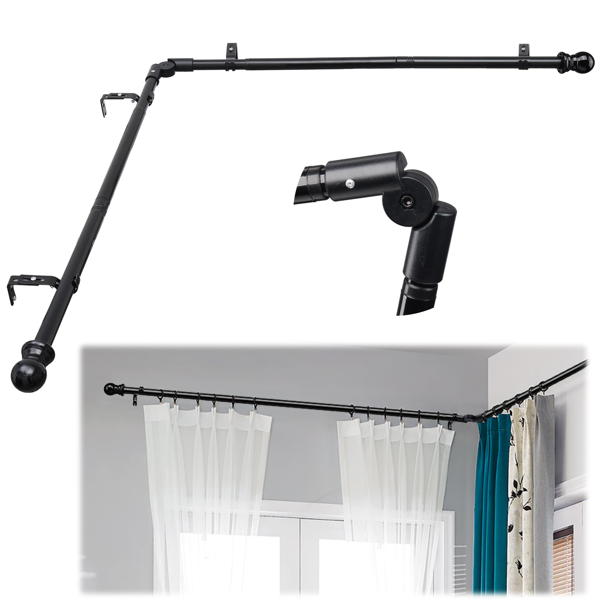 Corner Curtain Rod for Windows 30 to 136 Inches, L-shaped Curved Heavy Duty Corner Window Curtain Rods, Adjustable Renter Friendly 1 Inch Black Drapery Rods for Bedroom Living Room