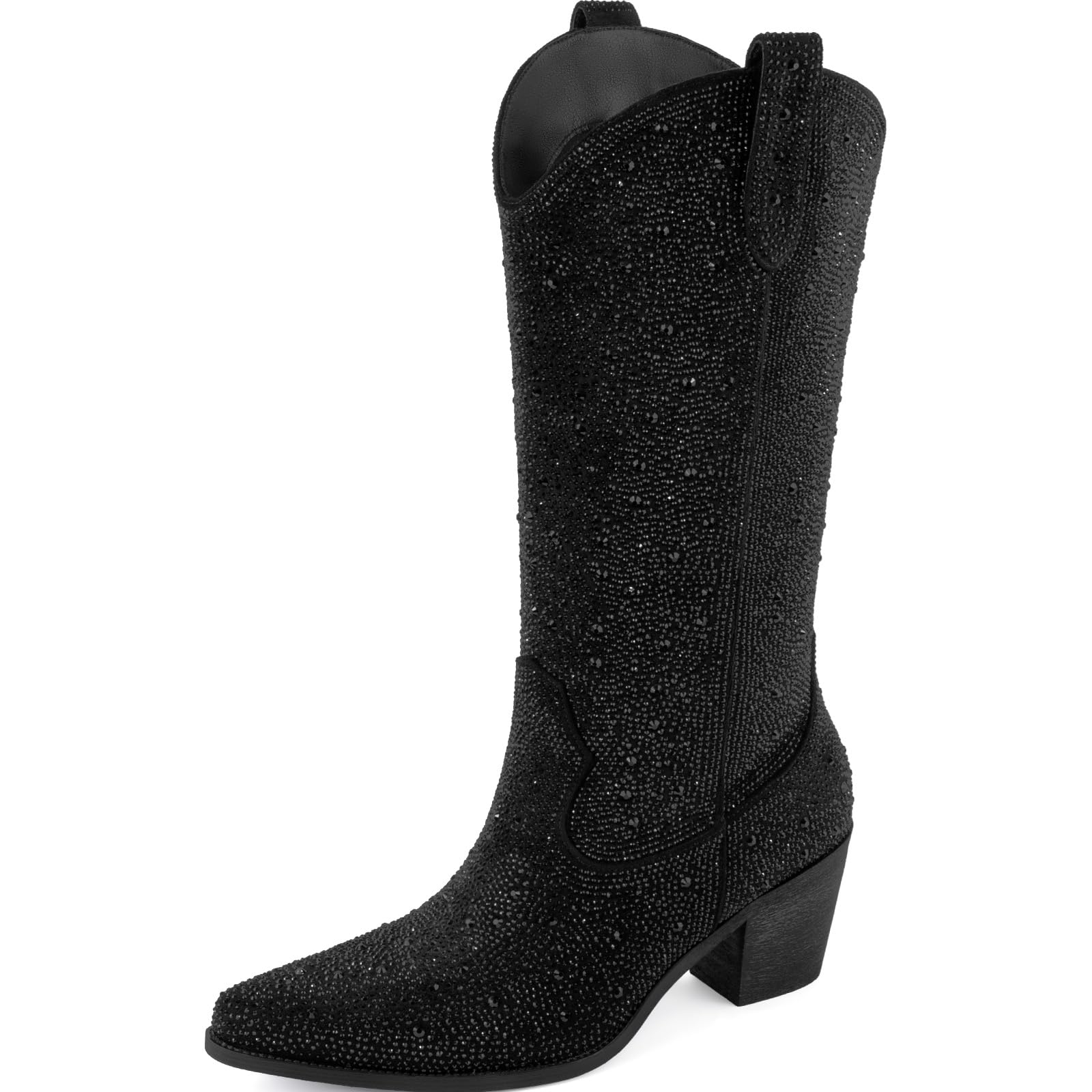MISSMILLER Women’s Rhinestone Cowboy Boots Mid Calf Pointed Toe Sparkly Block Heel Cowgirl Boots with Pull On Tabs
