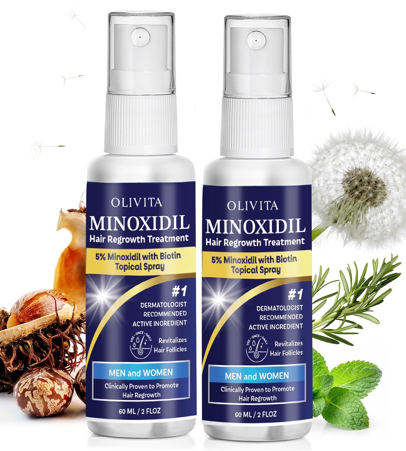Minoxidil for Men and Women Hair Growth: 5% Minoxidil Spray Hair Regrowth Treatment Serum with Biotin & Rosemary -Stop Hair Thinning and Hair Loss For Stronger Thicker Longer Hair - 2 Pack