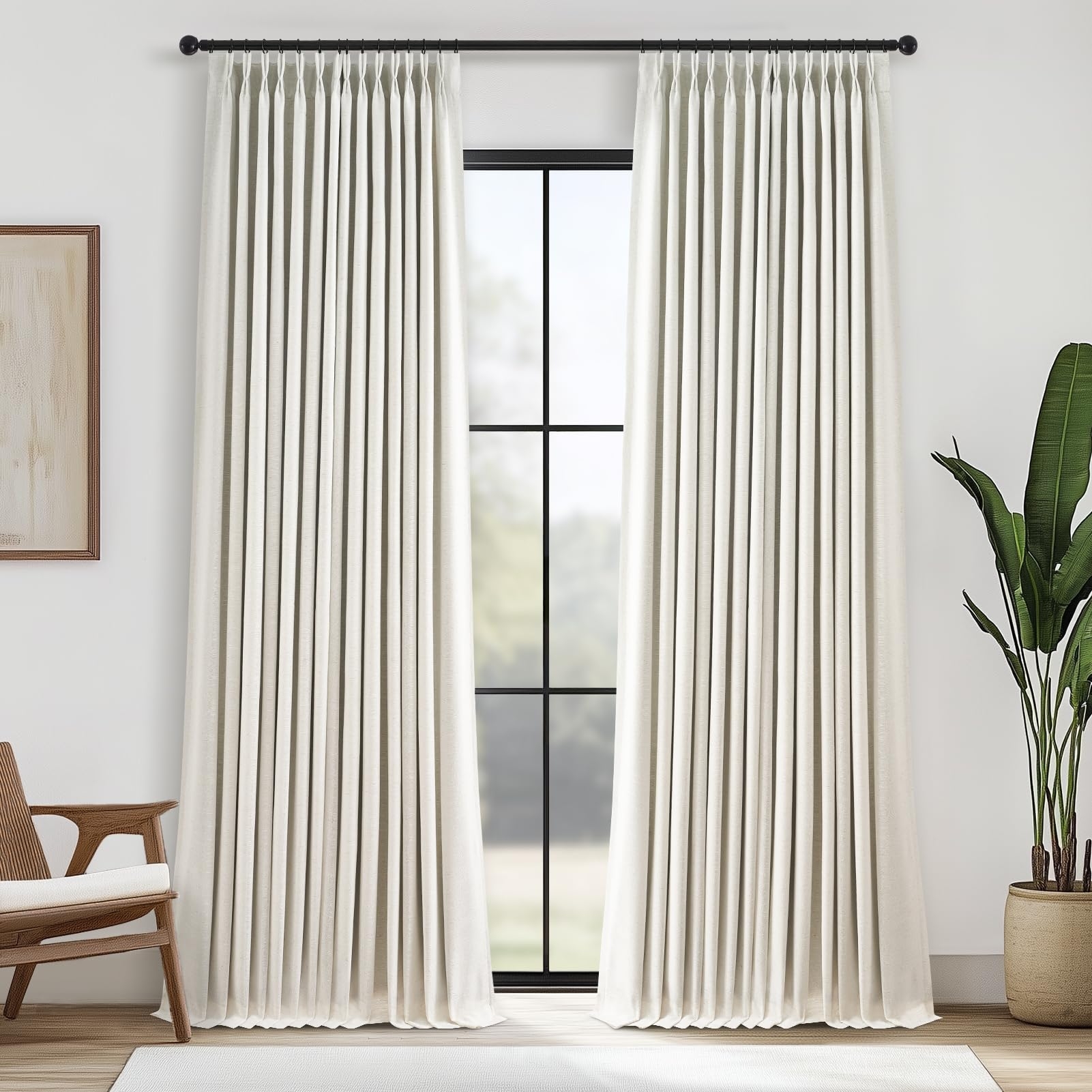 Topfinel 96 Inches Long Pinch Pleated 100% Blackout Curtains,Thermal Insulated Natural Linen Pinch Pleat Viral Drapes with Hooks Rings 2 Panel Sets,Neutral Beige Ivory 8FT Back Tab Window Curtains