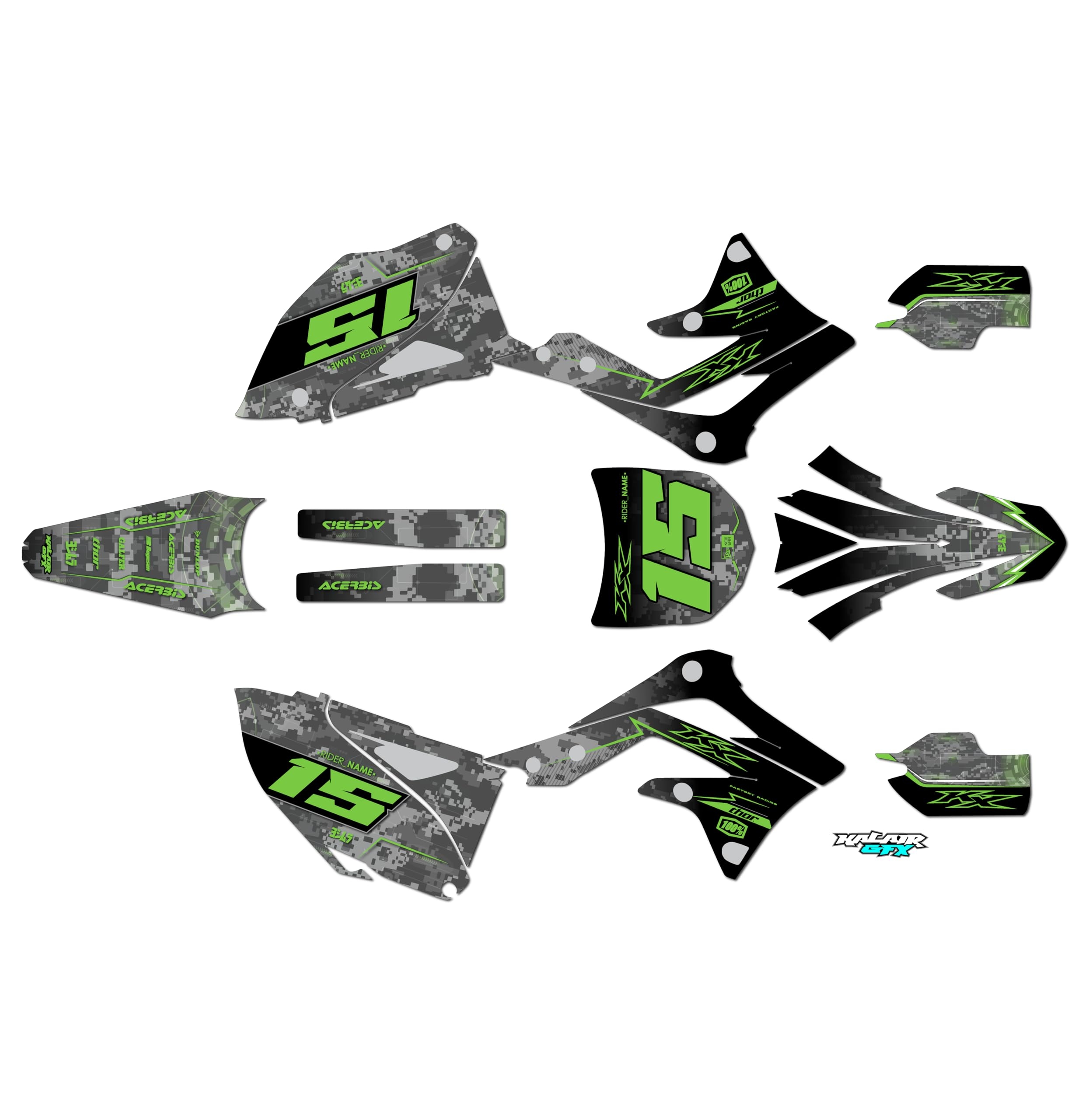 Kalair GFX Graphics Kit for Kawasaki KX 450F (2012) Cyberware Series Green 09 Mil - Dirt bike Custom Racing Graphics Decals Stickers Kit, no-plastics