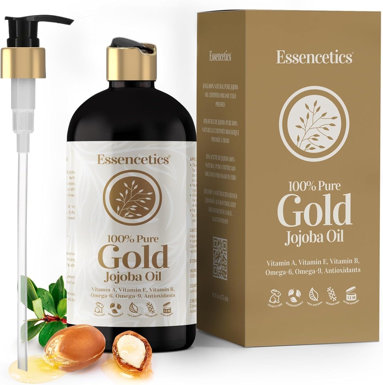 Essencetics Organic Jojoba Oil 16 oz - 100% Pure & Natural Jojoba Massage Oil for Hair, Skin, Body, & Face - Natural Cold Pressed Unrefined - Hexane Free Massage Oil for Massage Therapy & Date Night