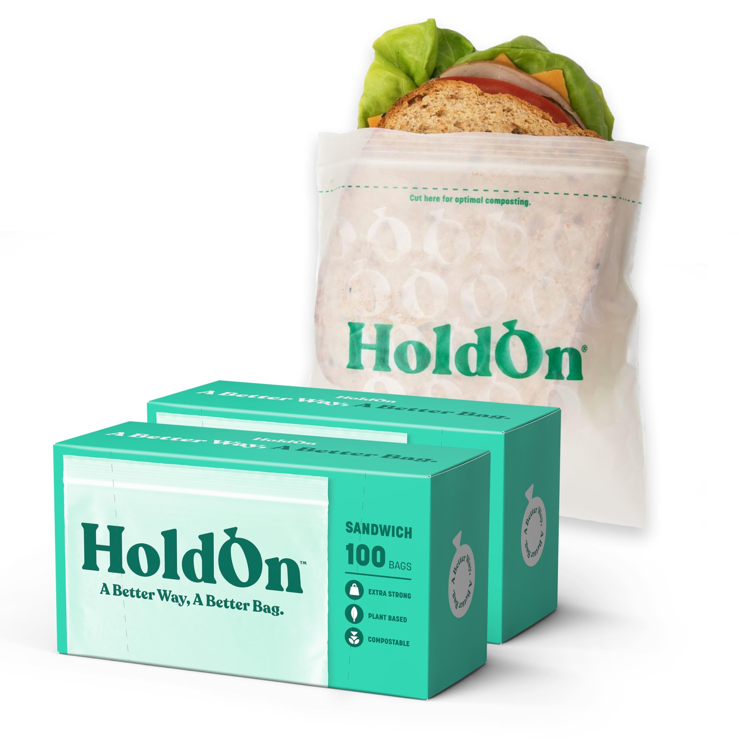 HoldOn Zipseal Sandwich Bags – Compostable, PFOA-Free, BPA-Free, Food-Safe Zip Seal Food Storage Bags With Secure Seal for Home & Travel, Freezer-safe (2-Pack, 200 bags total)