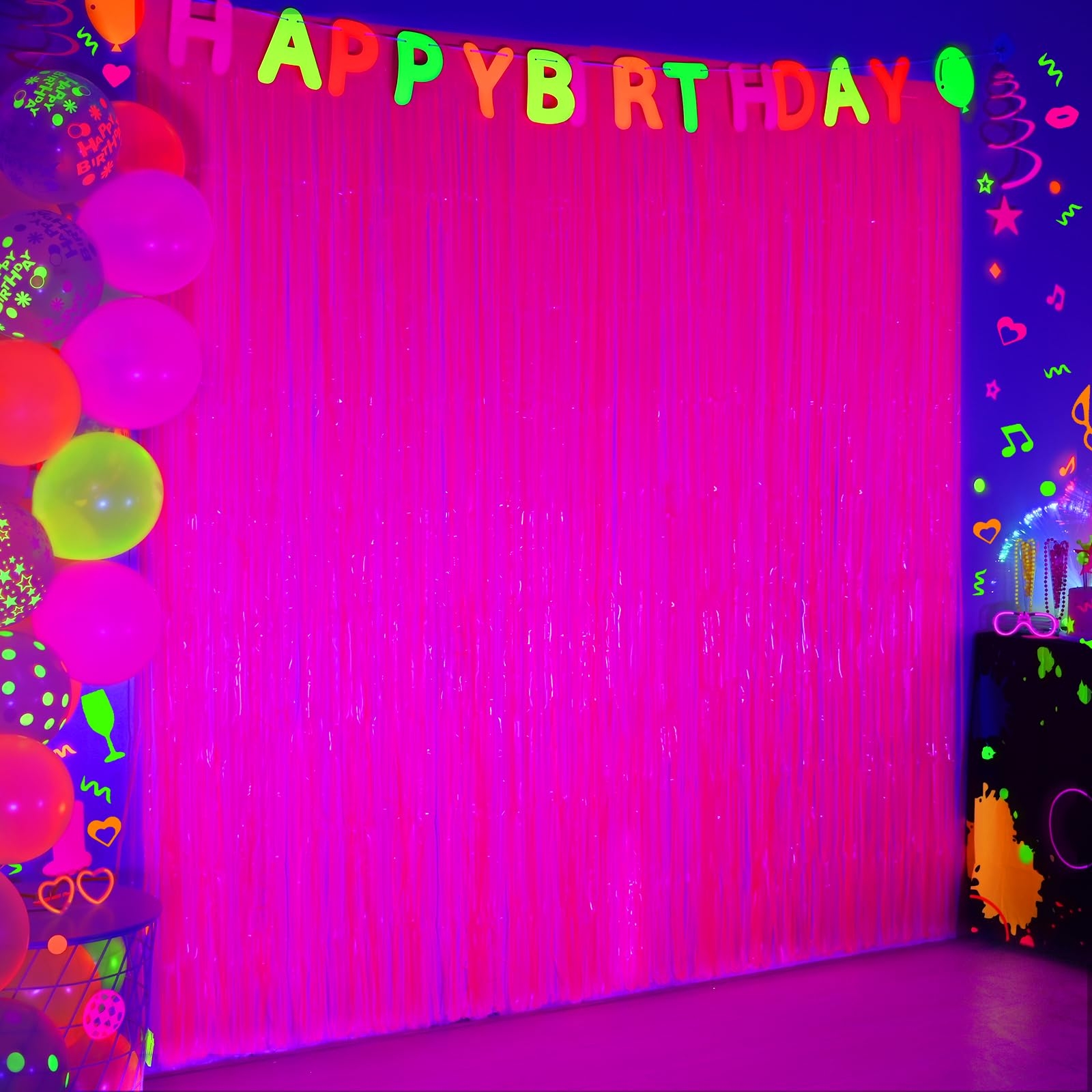 Mega-L Glow in The Dark Party Supplies, 2 Pack Neon Party Decorations 3.3 x 6.6 ft Fluorescent Macaron Fuchsia Tinsel Foil Fringe Curtains, Photo Booth Prop Backdrop Streamer, Birthday Party Decor