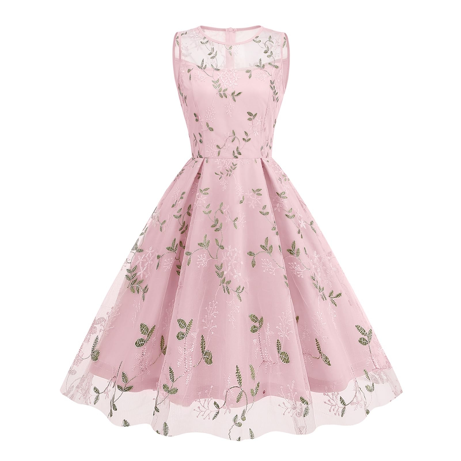 Women's Vintage 1950s Floral Embroidery Dress Sleeveless Mesh Cocktail Wedding Evening Party Prom Swing Dress