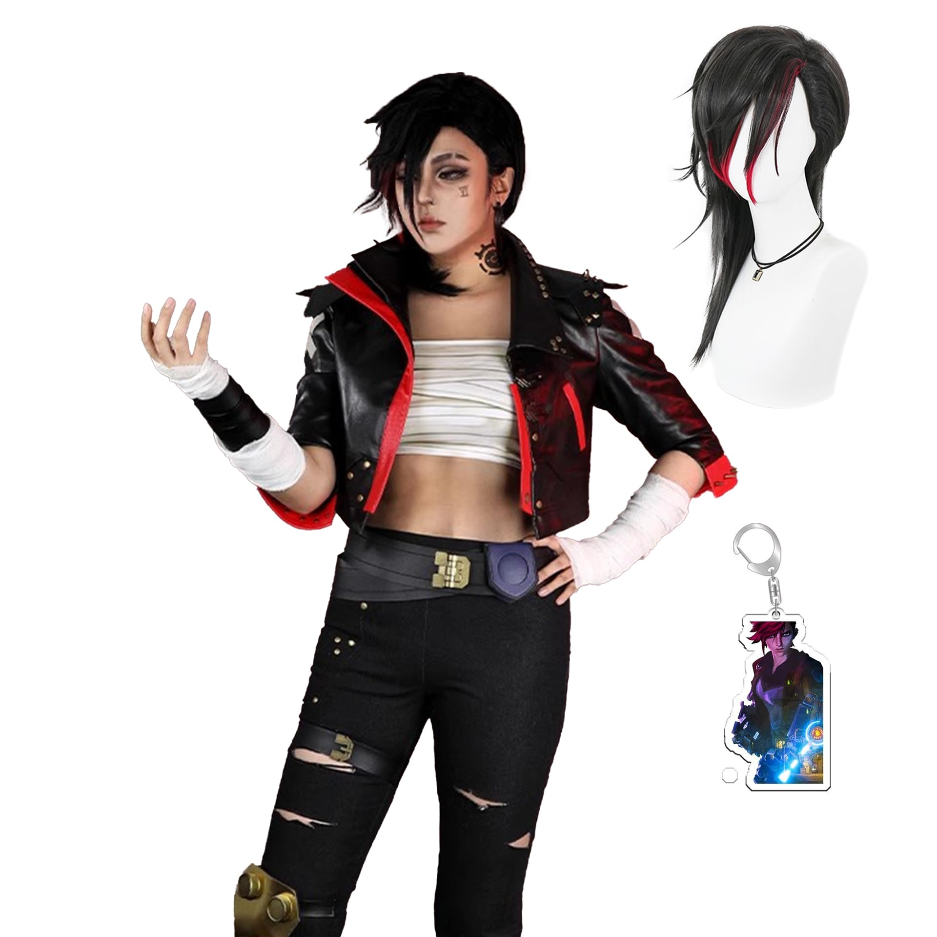 Women's Anime Black Punching Gloves Cosplay Outfit with Faux Leather Jacket