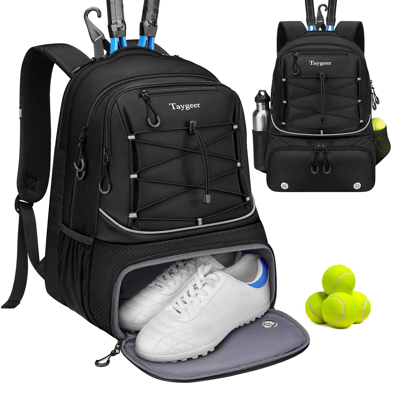 Taygeer Tennis Bag, Tennis Backpack Bags for Women Men 2 Rackets with Ventilated Shoe Compartment, Tennis Bag for Racket