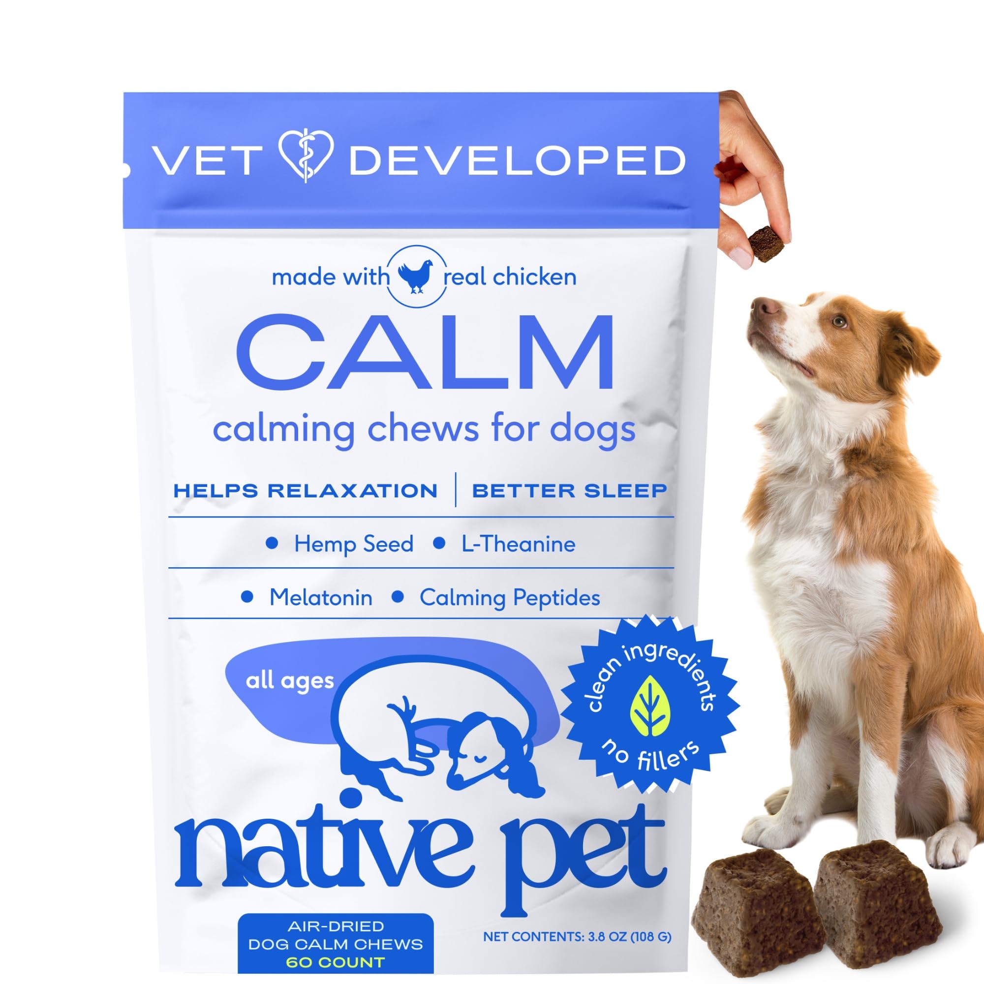 Native Pet Calming Chews for Dogs - Melatonin for Dogs Anxiety Relief - Grain Free All Natural Hemp Calming Treats & L-Theanine Helps Manage Stress & Separation Anxiety - Puppy Sleep Aid - 60 Chews