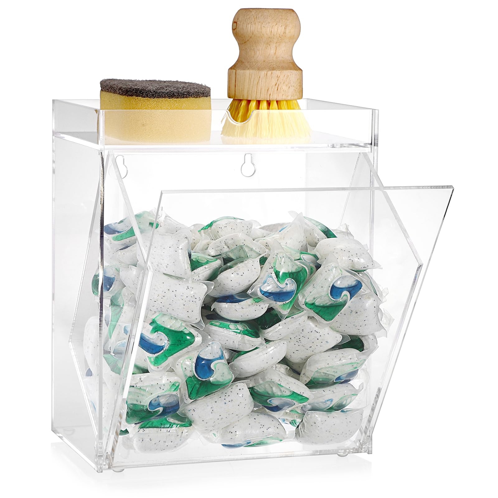 Sumnacon Dishwasher Pods Container Flip-over Laundry Pods Container withTray for Laundry Room Organization Wall Mounted Dishwasher Pod Holder for Kitchen Sink Acrylic Container for Candy,Dry Ball