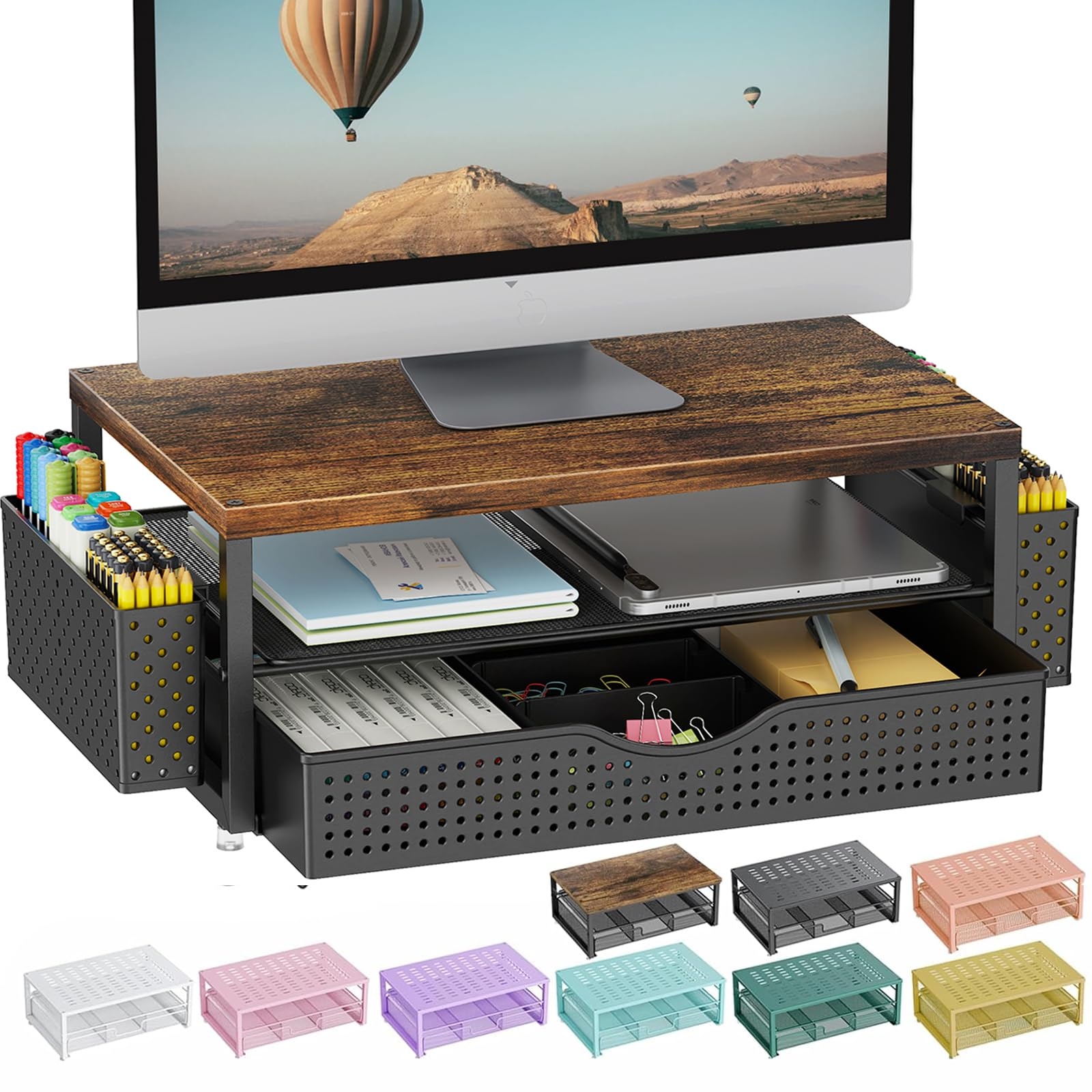 gianotter Wood Monitor Stand Riser, Office Desk Shelf Organizer, Desk Organizer with Drawer and Pen Holder, 2-Tier Computer Stand, Office Organization (Wood)