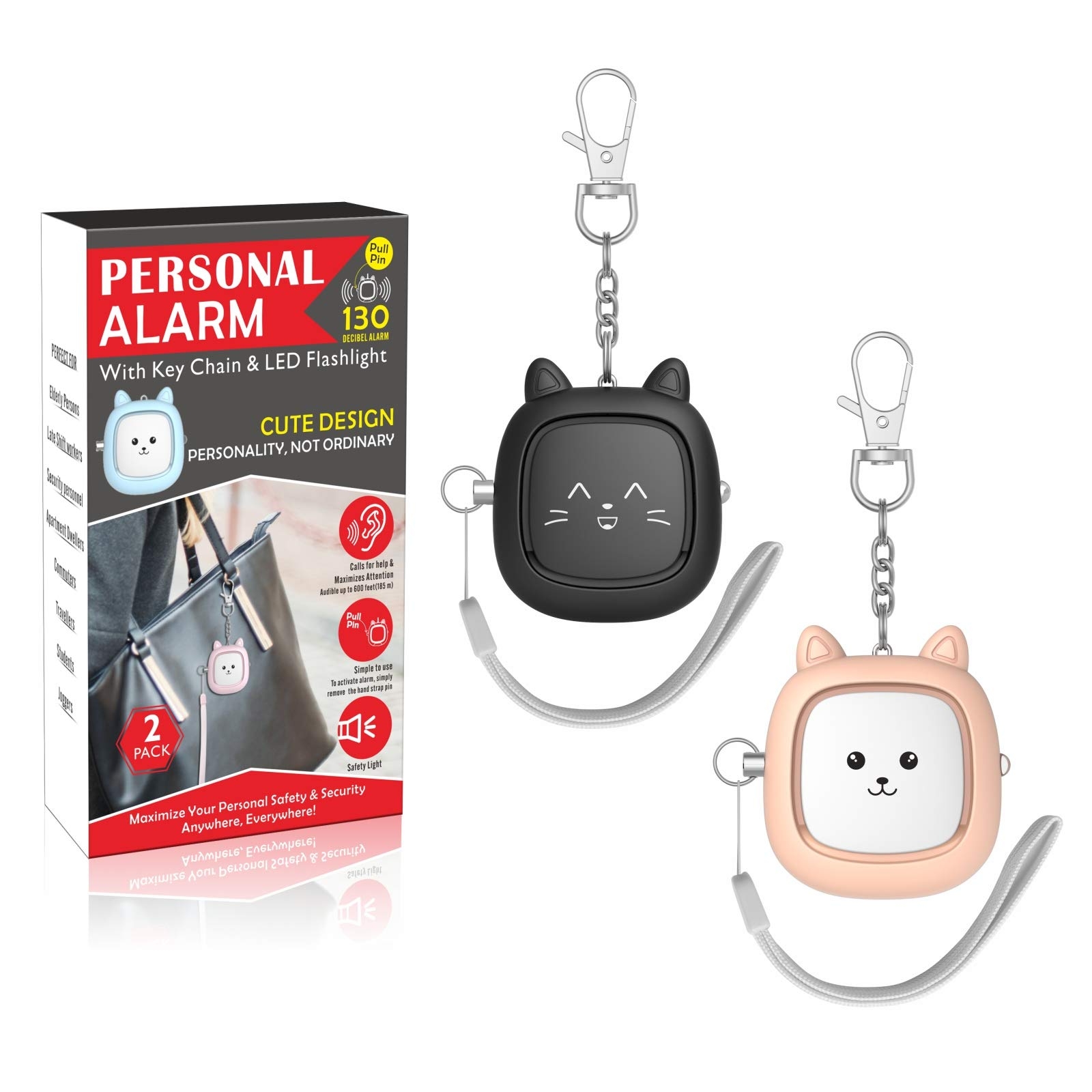Safe Sound Personal Alarm,2 Pack 130 dB Loud Siren Song Emergency Self-Defense Security Alarm Keychain with LED Light, Personal Sound Safety Siren for Women, Men, Children, Elderly