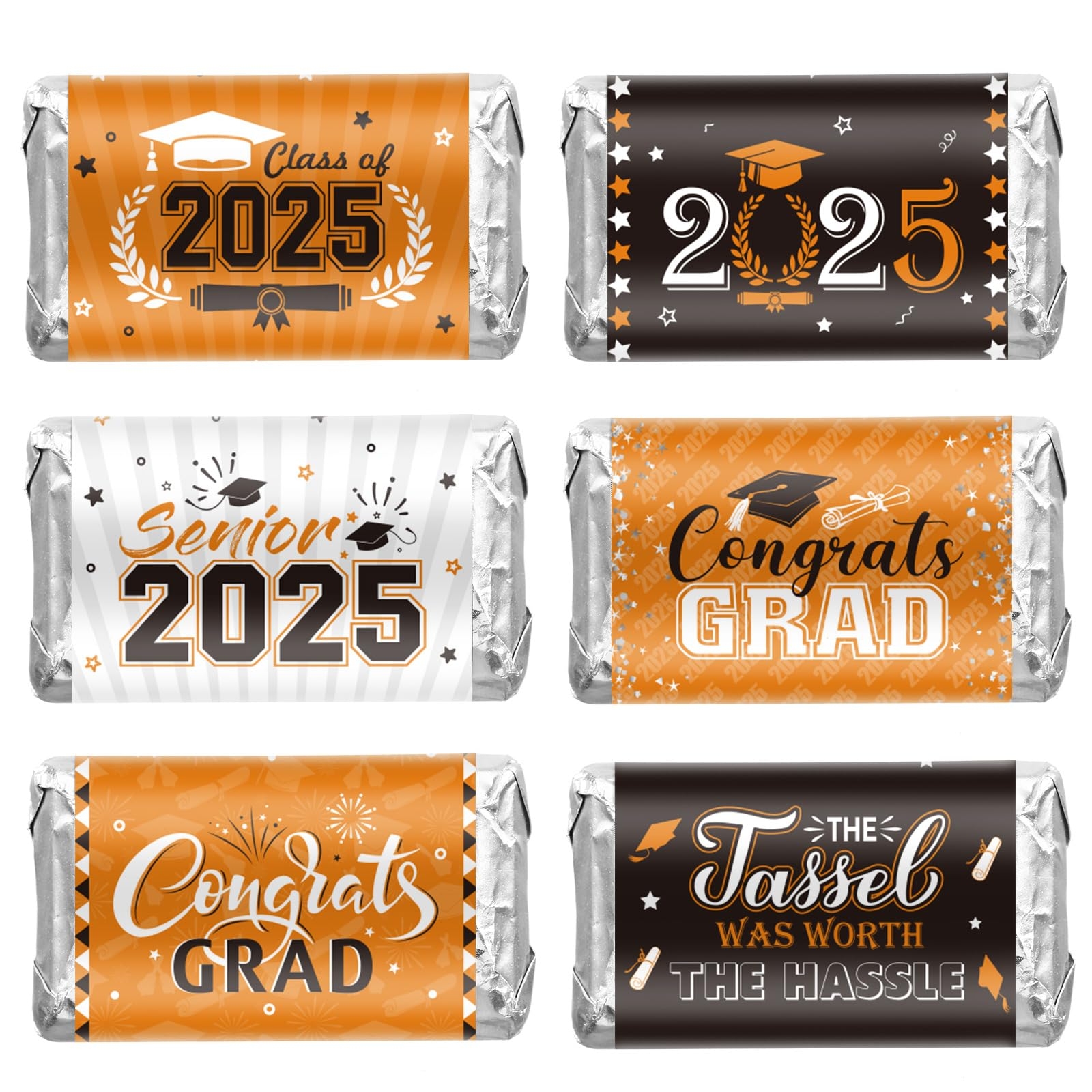 Outus 180 PCS Graduation 2025 Decoration Label Sticker - Orange Congrats Grad Mini Candy Bar Wrapper Class of 2025 Party Supplies for College High School Nursing Graduation, Candy Not Included