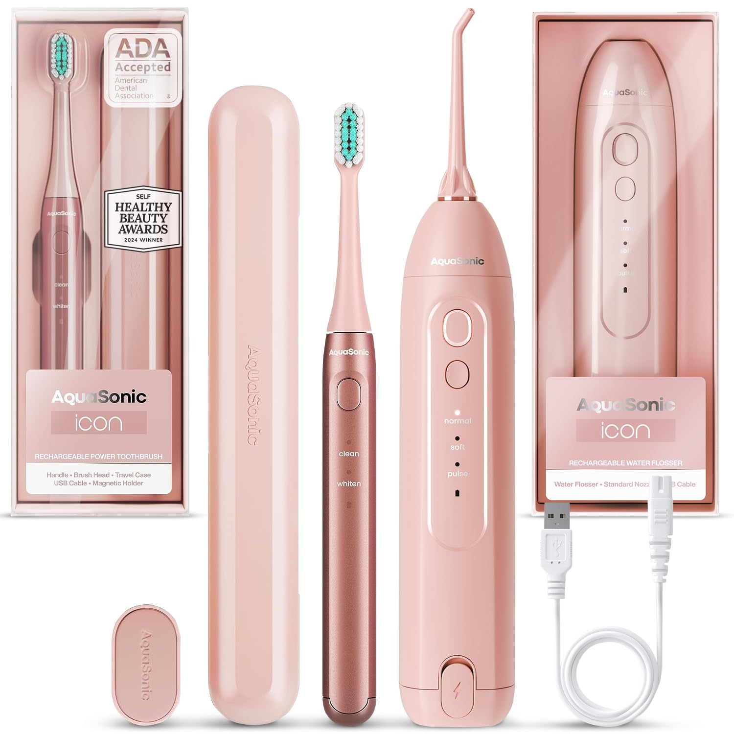 Aquasonic Icon Toothbrush & Water Flosser Bundle (Blush)