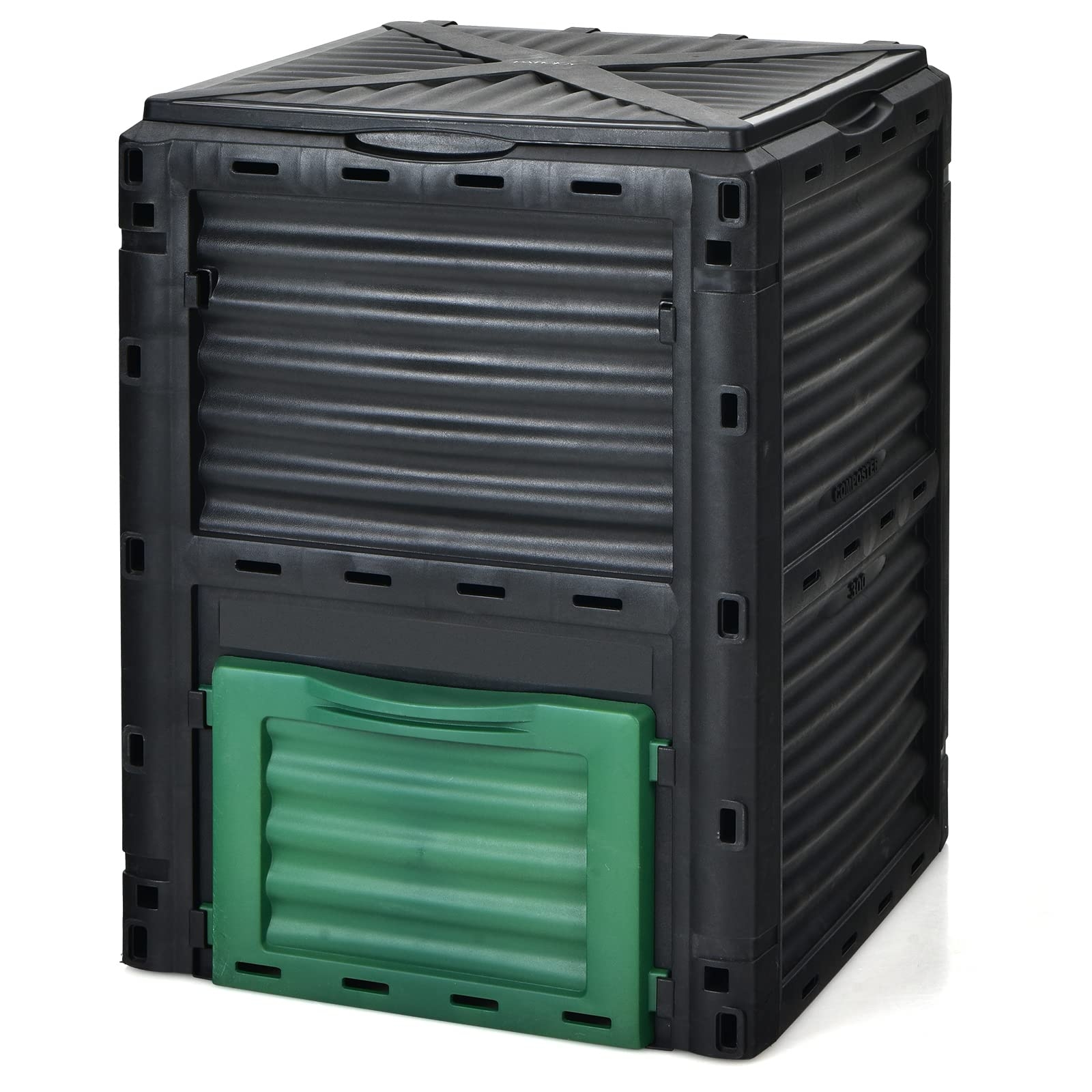Goplus Compost Bin, 80 Gallon (300 L) Large Outdoor Composting Box w/Top Flip Latch-on Lid, Bottom Exit Door, BPA Free Material, Grass Food Trash Composter Barrel for Garden Yard, Easy Assembly