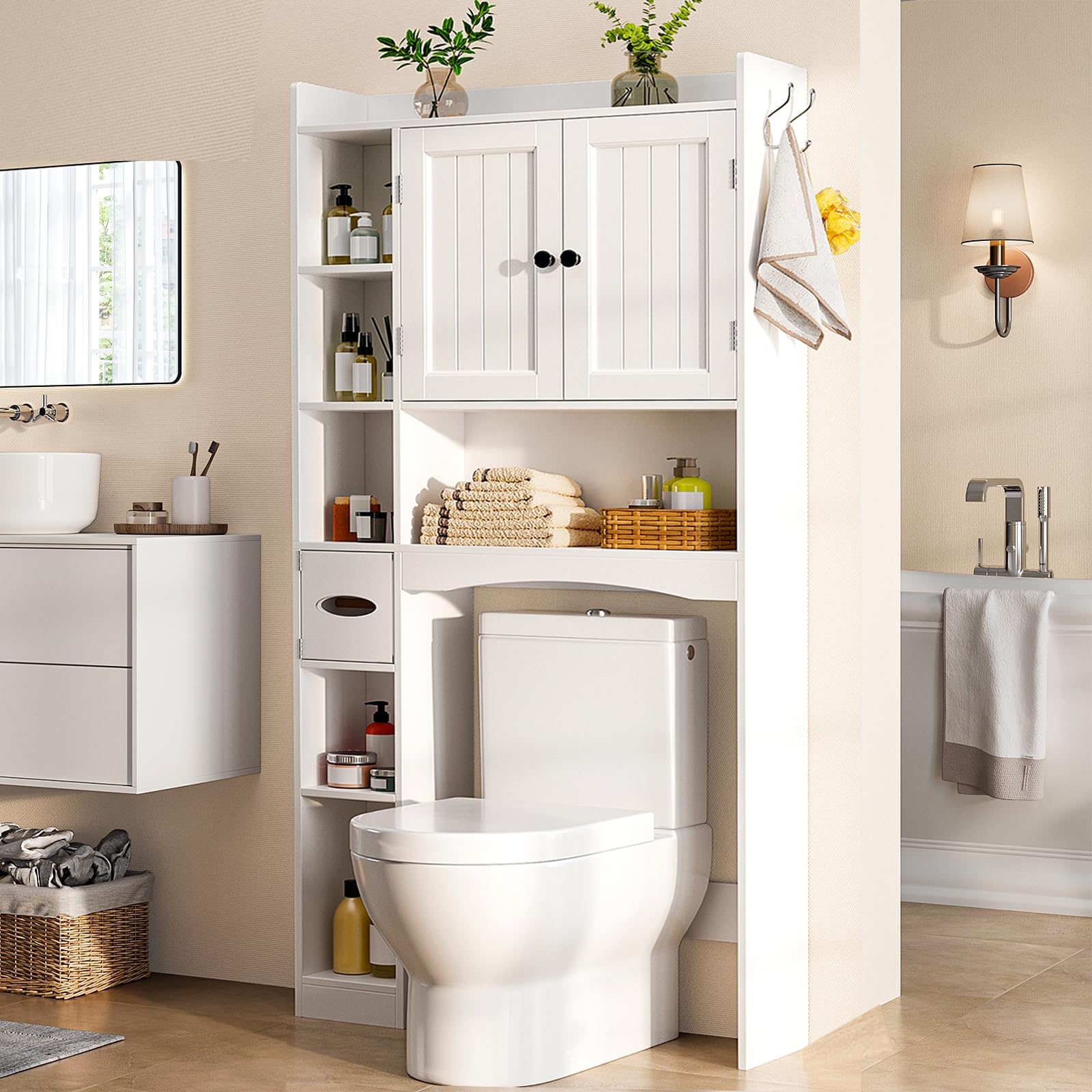 Gizoon Over The Toilet Storage Cabinet, 66''H Over Toilet Bathroom Organizer, Over Toilet Storage Cabinet with 2 Doors, Paper Holder and Racks, Adjustable Shelf, for Bathroom, Laundry, White