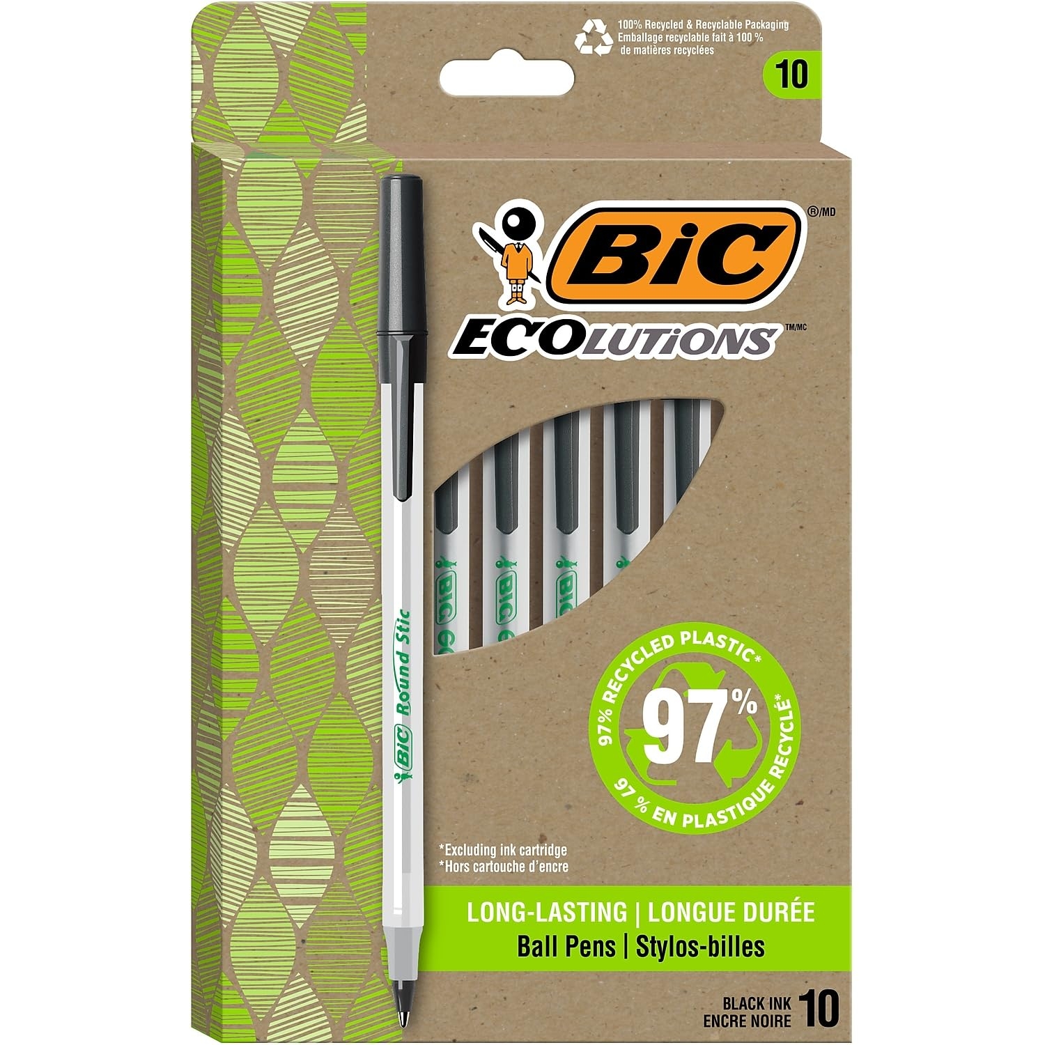 BIC ReVolution Round Stic Ballpoint Pen, Black, 1 Count (Pack of 10)