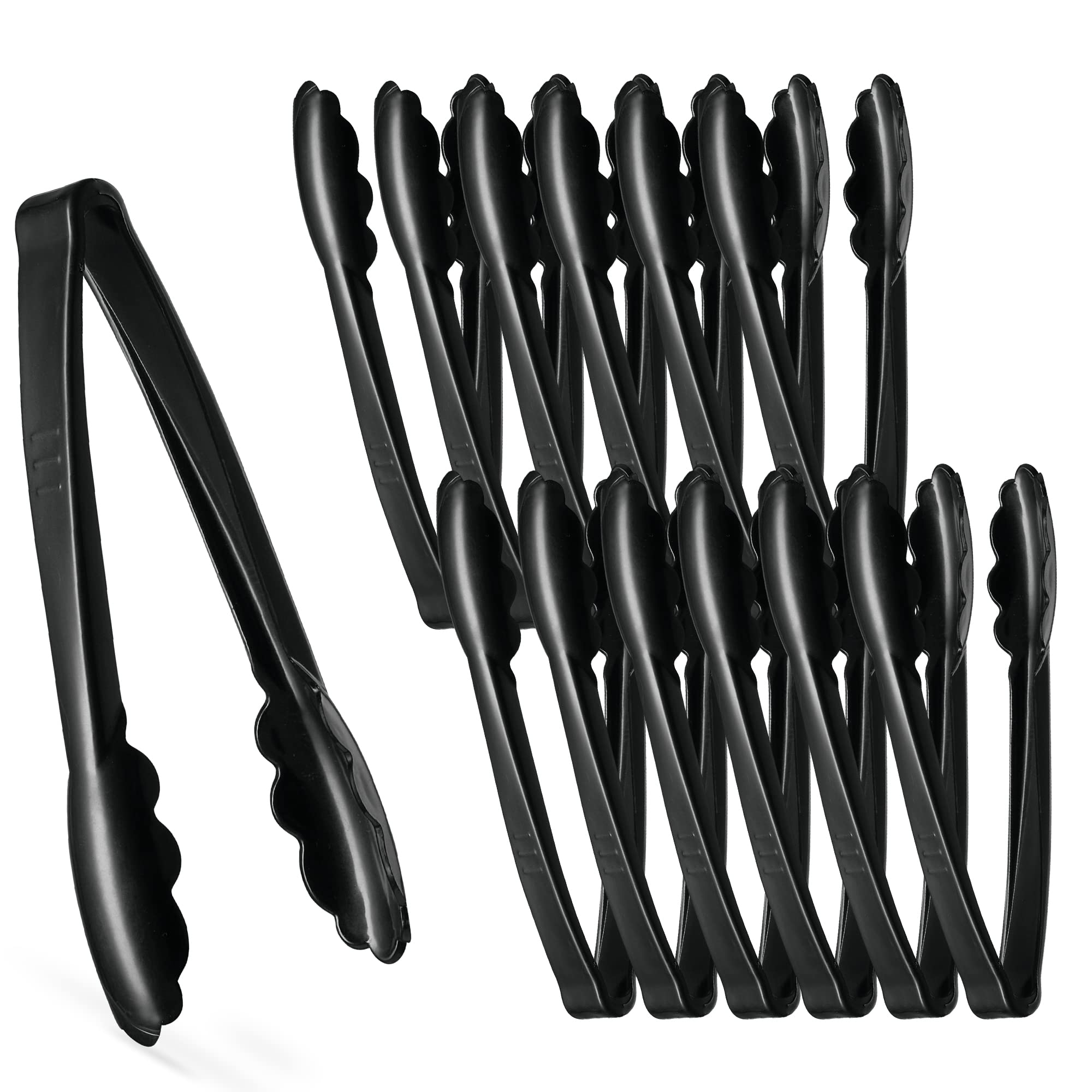 [Black Tongs 9'' Inches] Plasticpro 9'' Serving Tongs Heavy Duty Reusable Kitchen and BBQ Black Serving Tong for party's, Caterings, Events, Buffet, Weddings, And every Day use Pack of 12