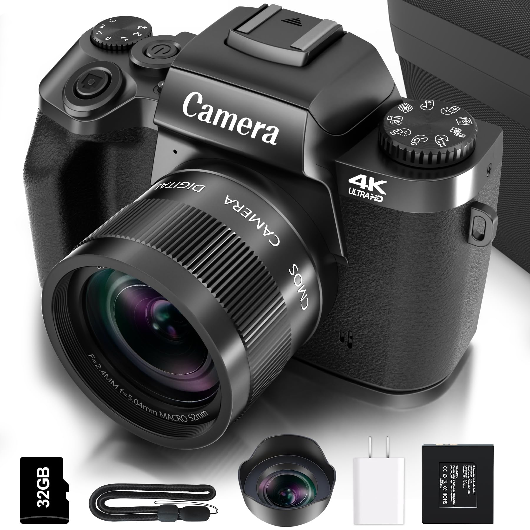 Saneen Digital Camera for Photography, 4K 64MP WiFi Touch Screen Vlogging Camera with Flash, 32GB Micro Card, Lens Hood, 3000mAH Battery, Front and Rear Cameras, 4″Big Screen, Hot Shoe Interface-Black
