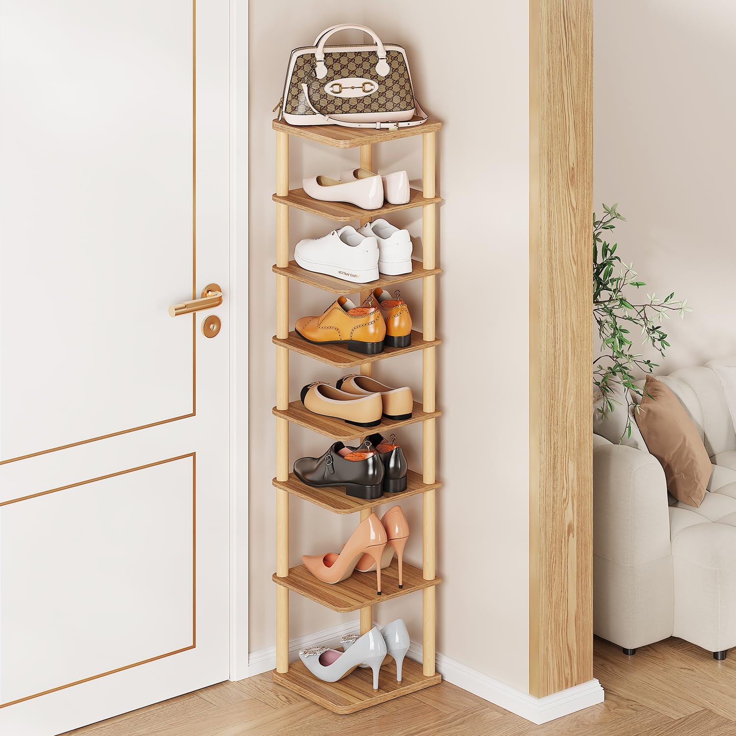 LUCKNOCK Vertical Shoe Rack, 8-Tier Tall Narrow Shoe Organizer for Entryway, Closet, Dorm & Small Spaces, Freestanding Wooden Shoe Shelf Tower for Boots, Sneakers, Heels. (Walnut)