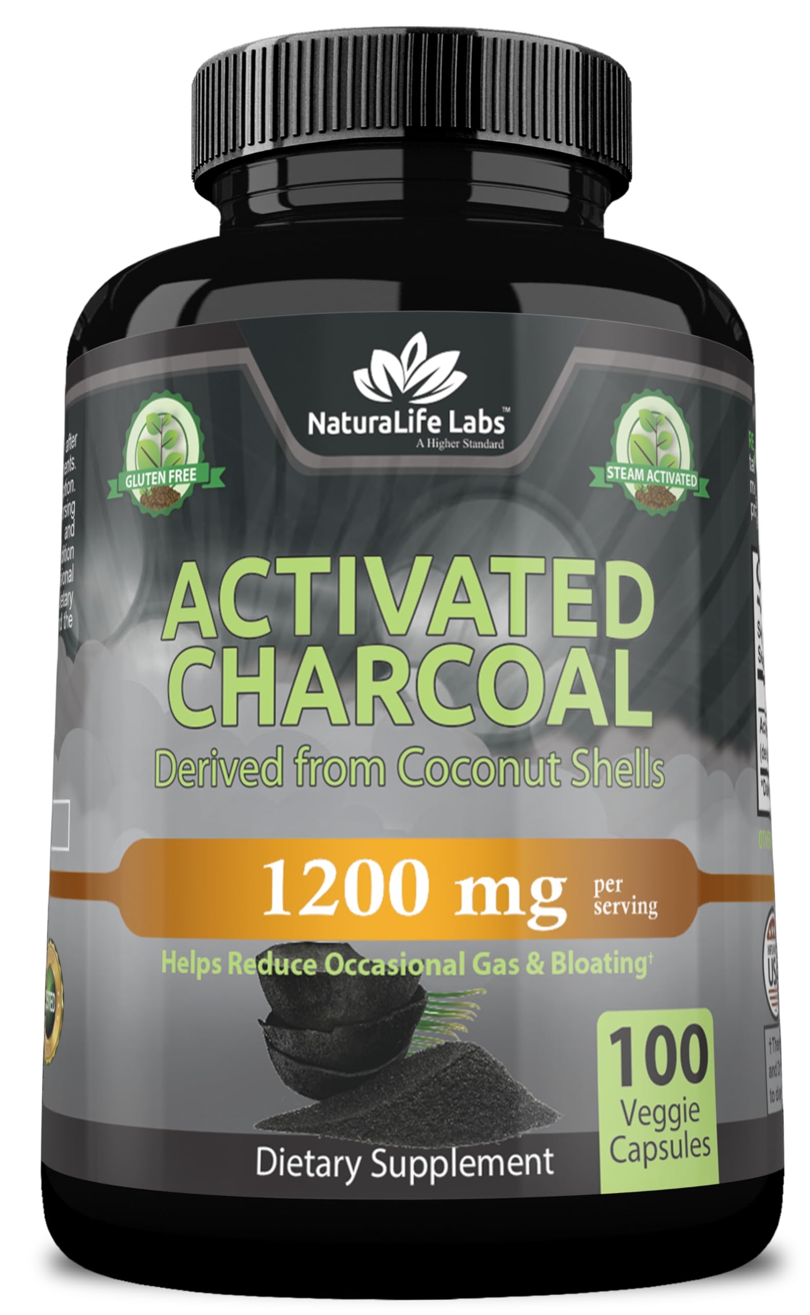 Activated Charcoal Capsules - 1,200 mg Highly Absorbent Helps Alleviate Gas & Bloating Promotes Natural detoxification Derived from Coconut Shells - per Serving - 100 Vegan Capsules