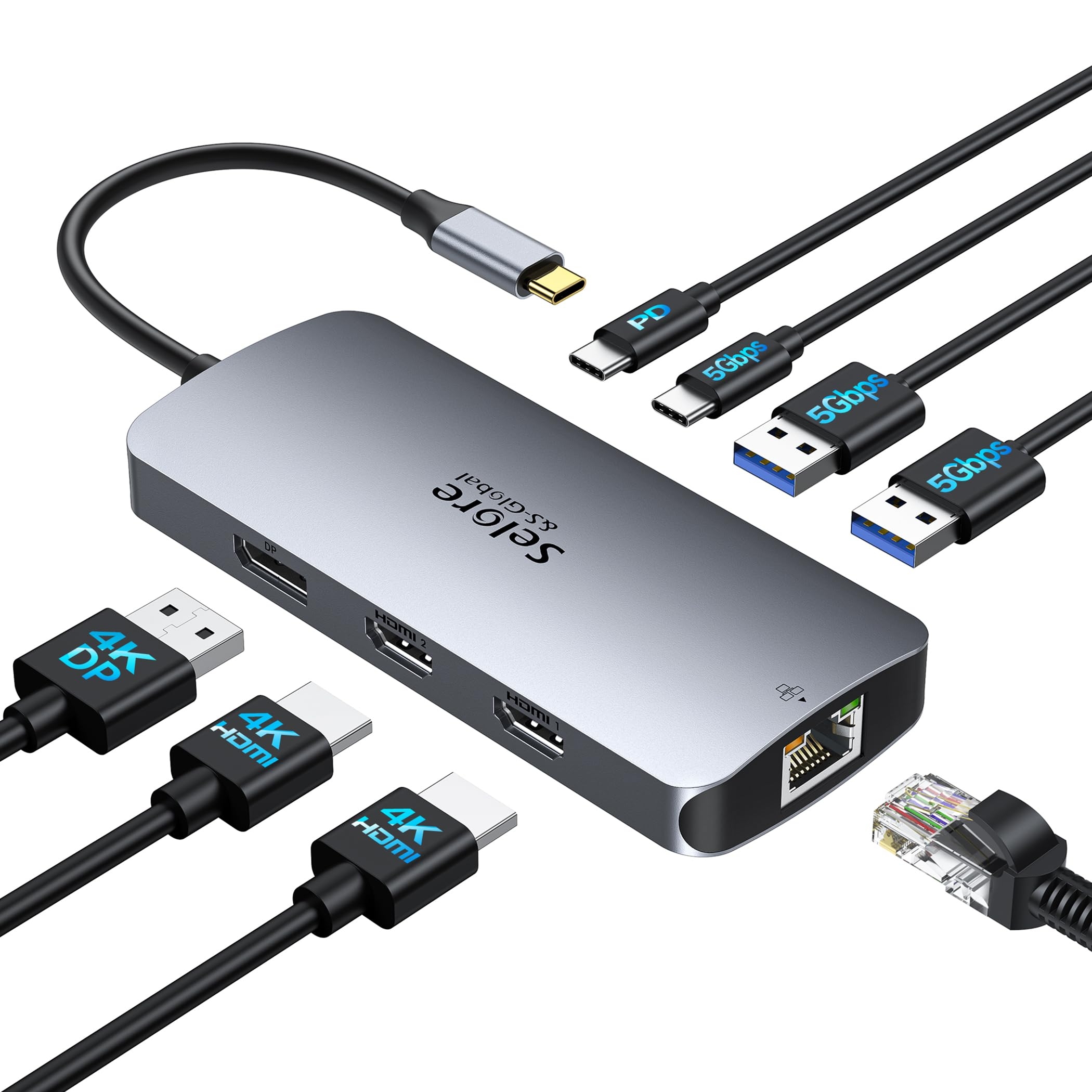 USB C Docking Station Dual Monitor, Selore Docking Station 3 Monitors Triple 4K Display with 2 HDMI, DisplayPort, 1 Gbps Ethernet, 100W PD Charging, USB 3.0 Ports Adapter for Dell, HP, Lenovo,etc