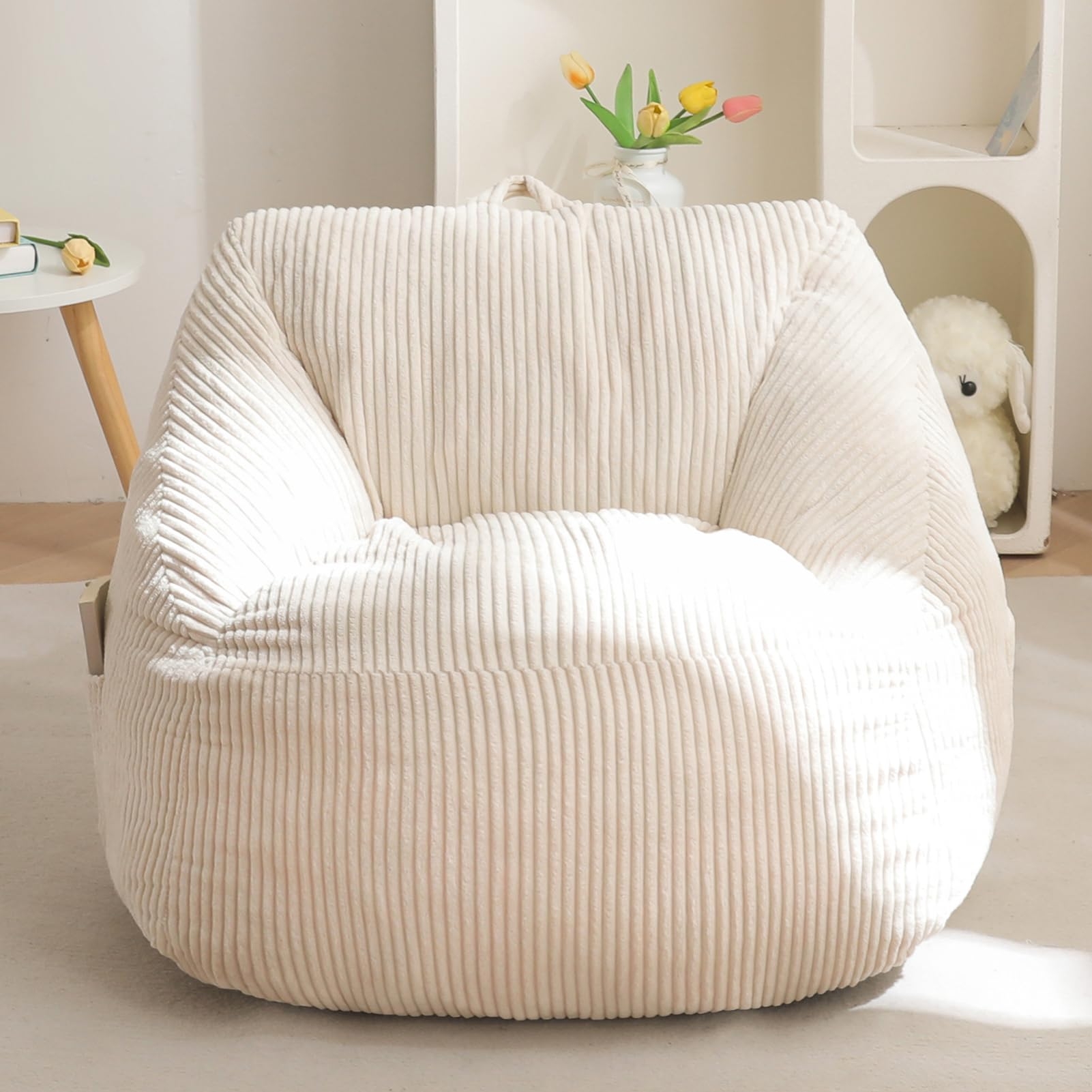 MAXYOYO Kids Bean Bag Chair, Bean Bag Couch with Handle, Comfy Toddler Chair for Boys and Girls, Accent Sofa Chair with Pocket for Gaming Reading Relaxing, Beige