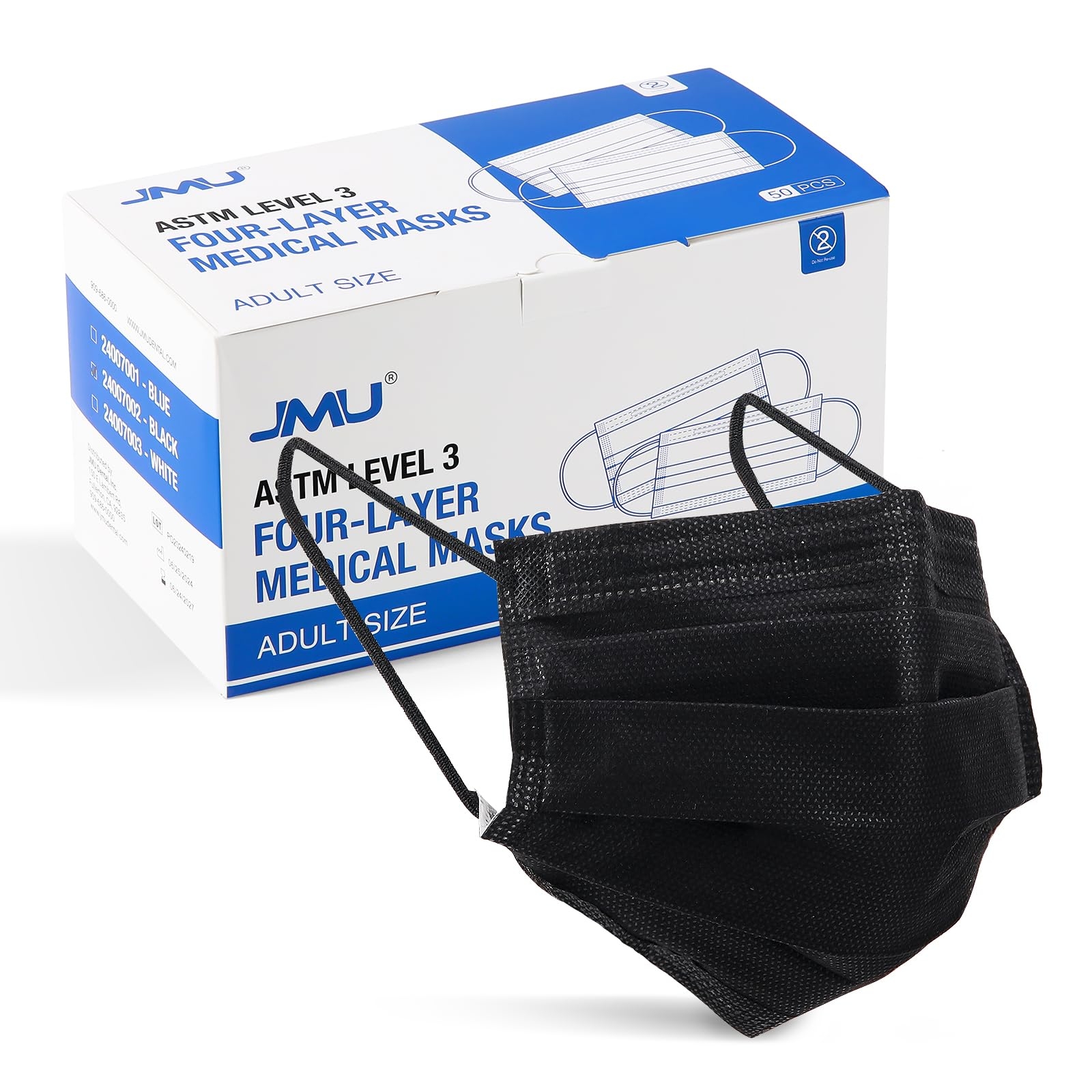 JMU Black Disposable Face Masks 50 Pack, 4-Ply ASTM Level 3 Medical Masks for Adults