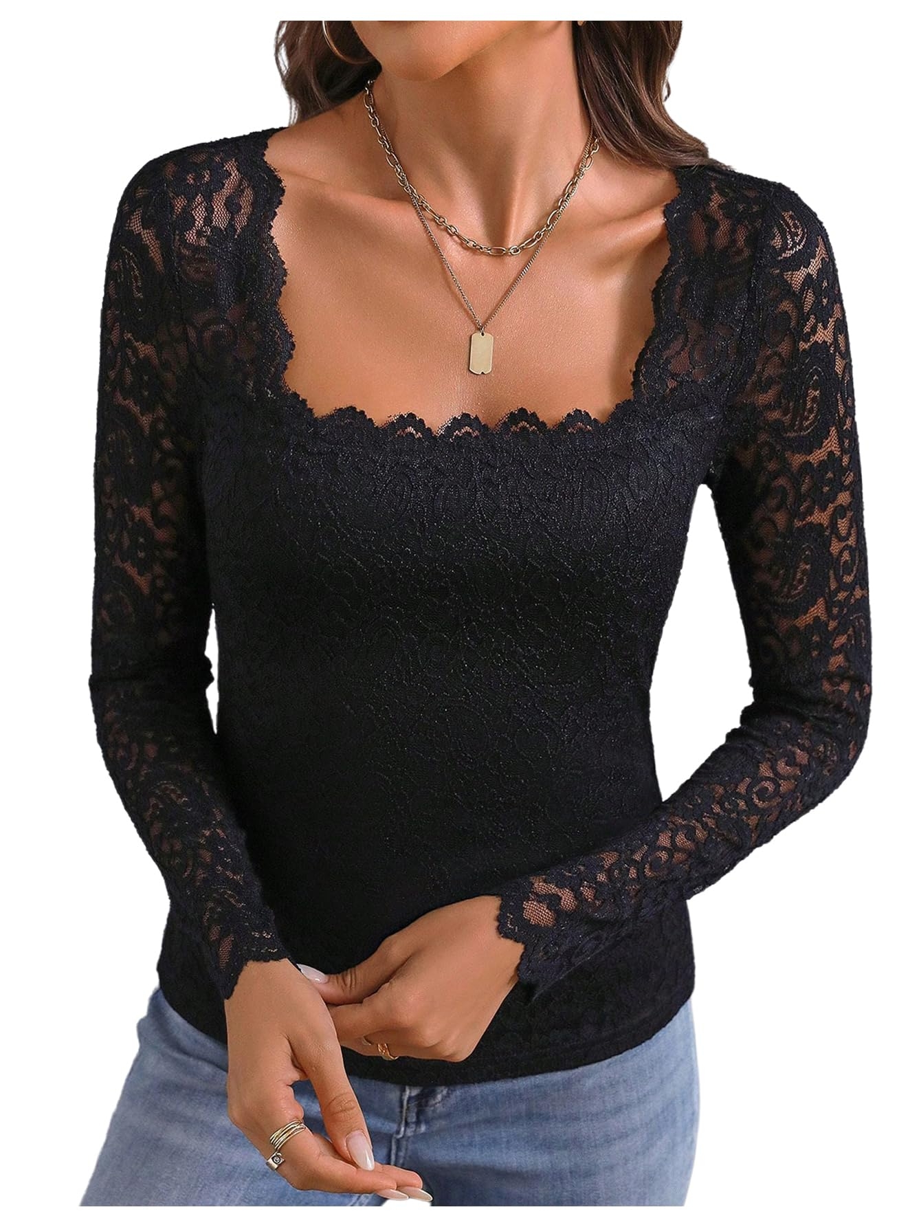 Milumia Women's Contrast Lace Scalloped Square Neck Long Sleeve Casual T Shirts
