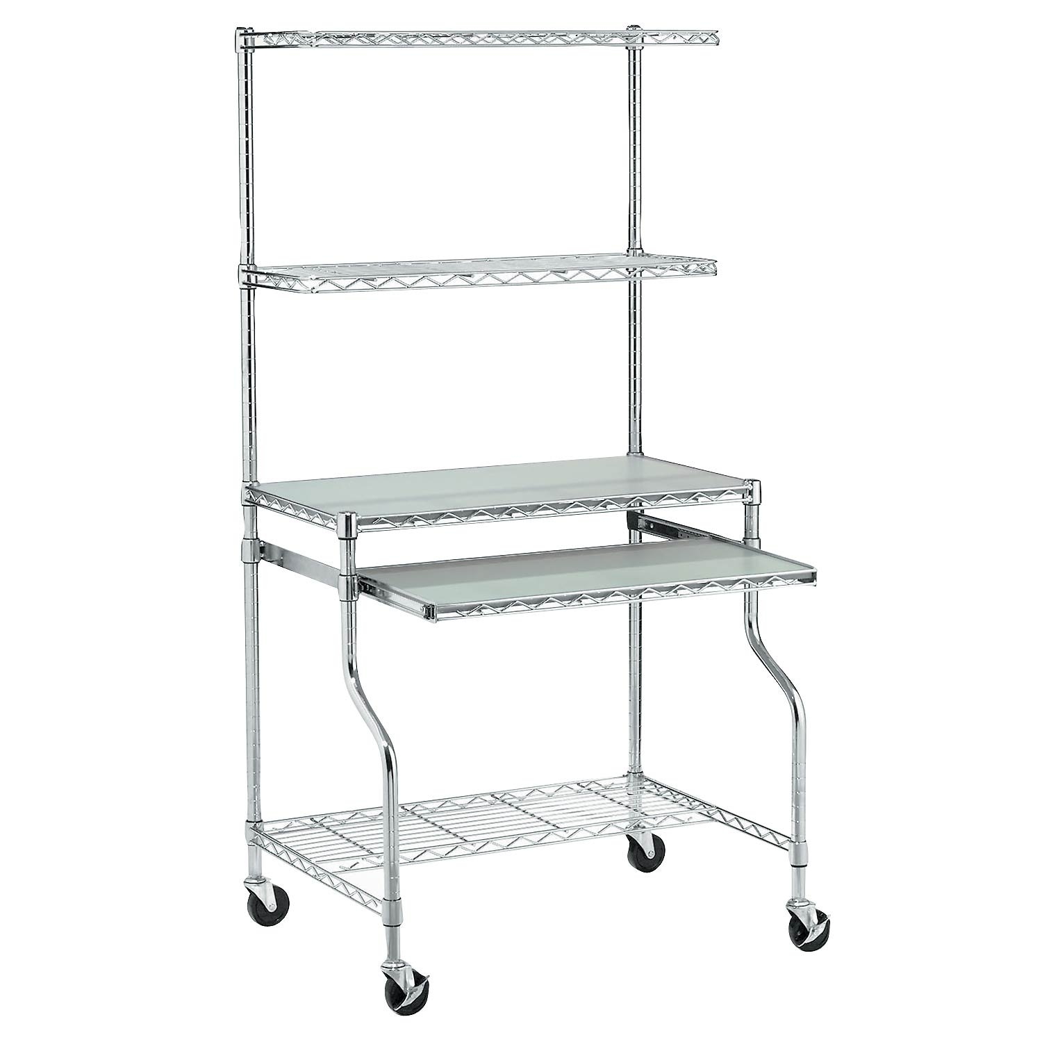 Nexel Commercial Wire Shelf Mobile Computer LAN Workstation, 31.5"W x 24"D x 63"H, Keyboard Tray, Adjustable, Castors, Chrome