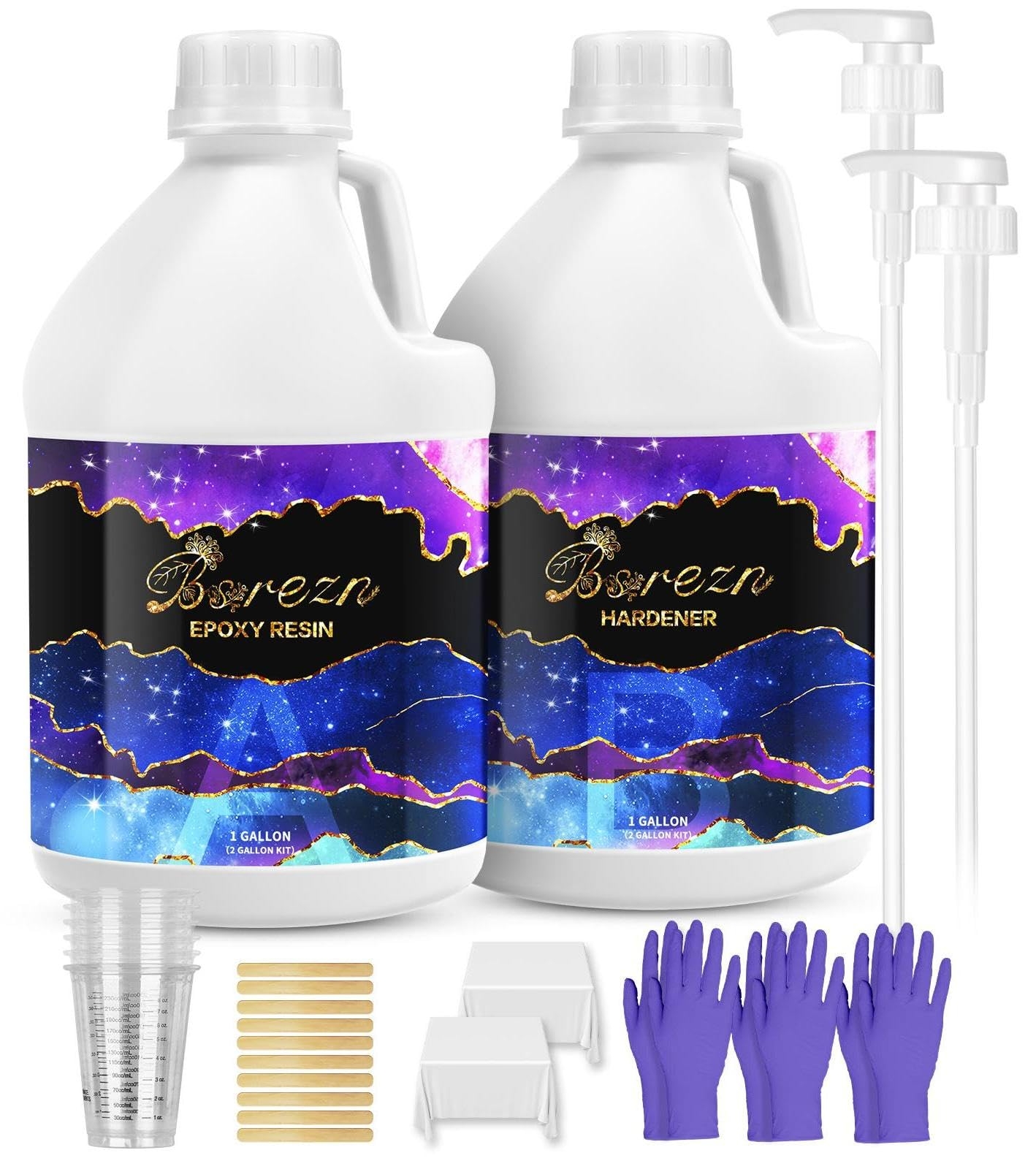 Bsrezn 2 Gallon Epoxy Resin Kit with Pumps – Crystal Clear, Bubble-Free, No Yellowing, Self-Leveling, Mix 1:1 Epoxy Resin for Art, Crafts, Wood, and Resin Molds (1 Gallon x 2)