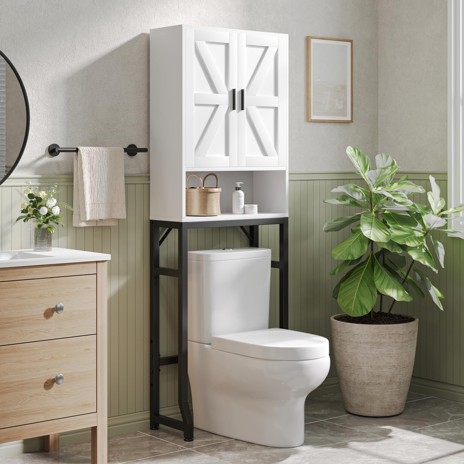 USHOWER Over The Toilet Storage Cabinet, Bathroom Organizers and Storage with Barn Doors, Thicken Metal Stand & MDF Wood Above Toilet Storage Cabinet, Freestanding Space Saver, White
