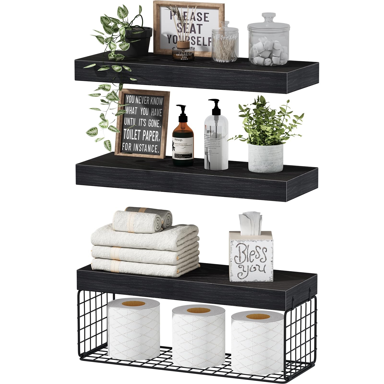 QEEIG Bathroom Shelves Over Toilet - Wall Mounted Floating Shelves Toilet Paper Storage Small Farmhouse Decor Shelf 16 inch Set of 3, Black (019-B3)
