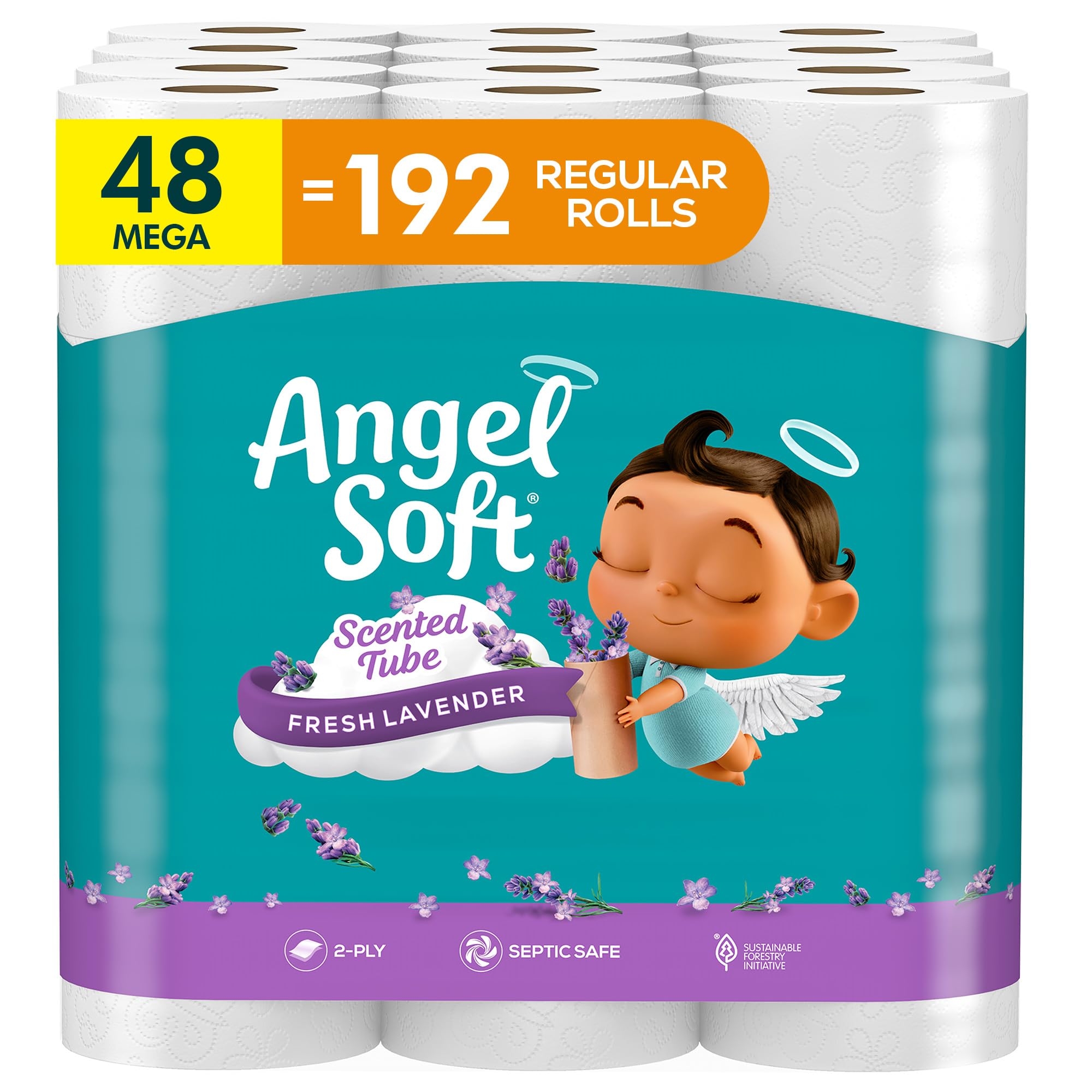 Angel Soft Toilet Paper with Fresh Lavender Scented Tube, 48 Mega Rolls = 192 Regular Rolls, Soft and Strong Toilet Tissue