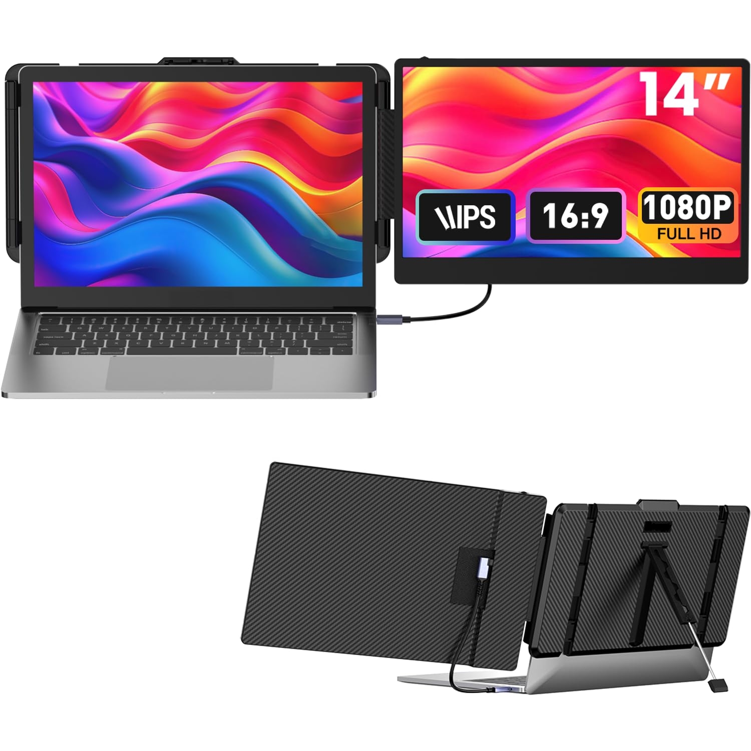 Laptop Screen Extender 14-inch 1080P FHD Portable Monitor Laptop Monitor Extender, Type-C, HDMI, USB-A, Plug & Play, fits Laptops with Screen up to 15.35" Wide, Compatible with Windows, Mac, Chrome