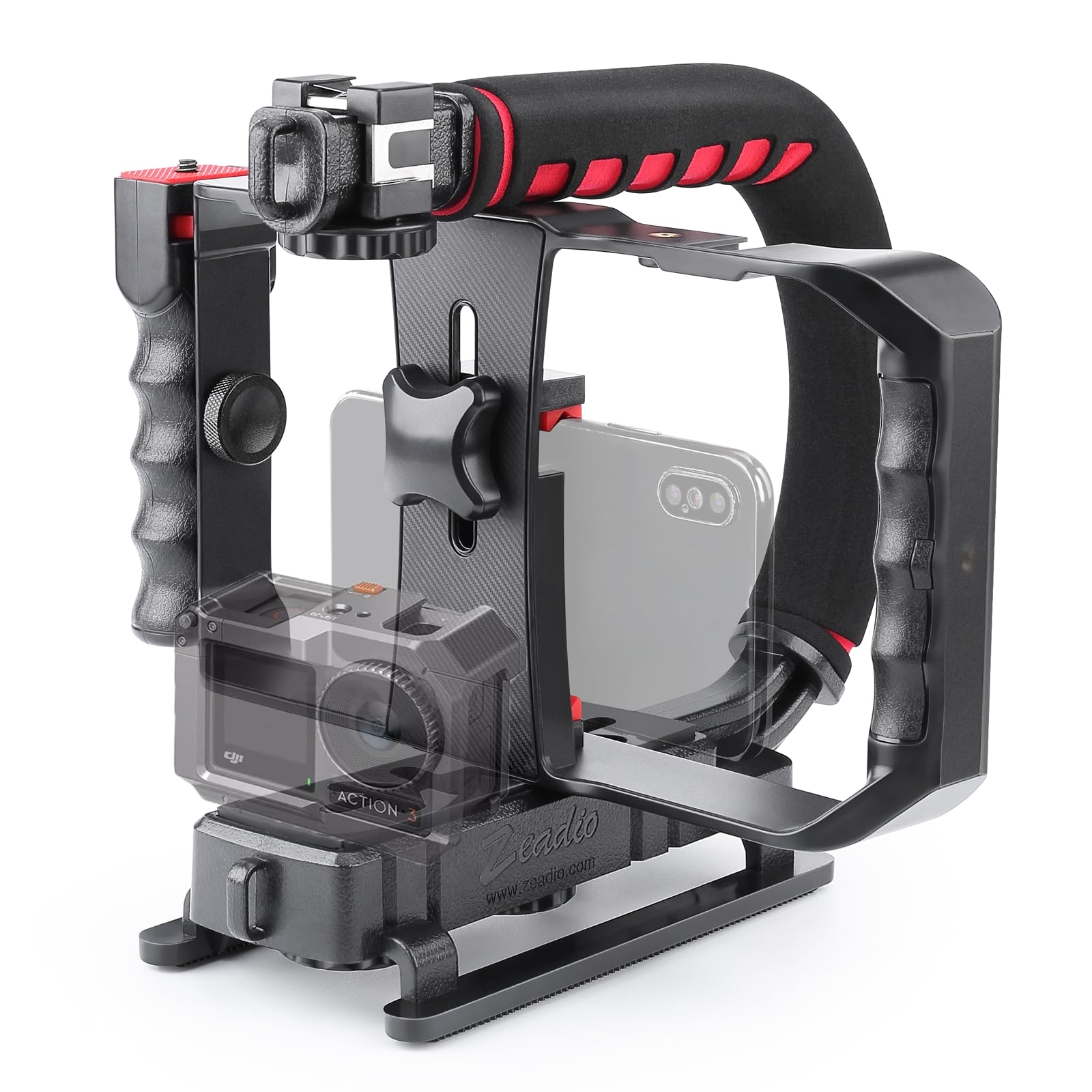 Zeadio Camera Handheld Stabilizer with Smartphone Video Cage Rig, Triple Cold-Shoe Handle Grip Compatible with All Camera Action Camera DSLR Smartphone