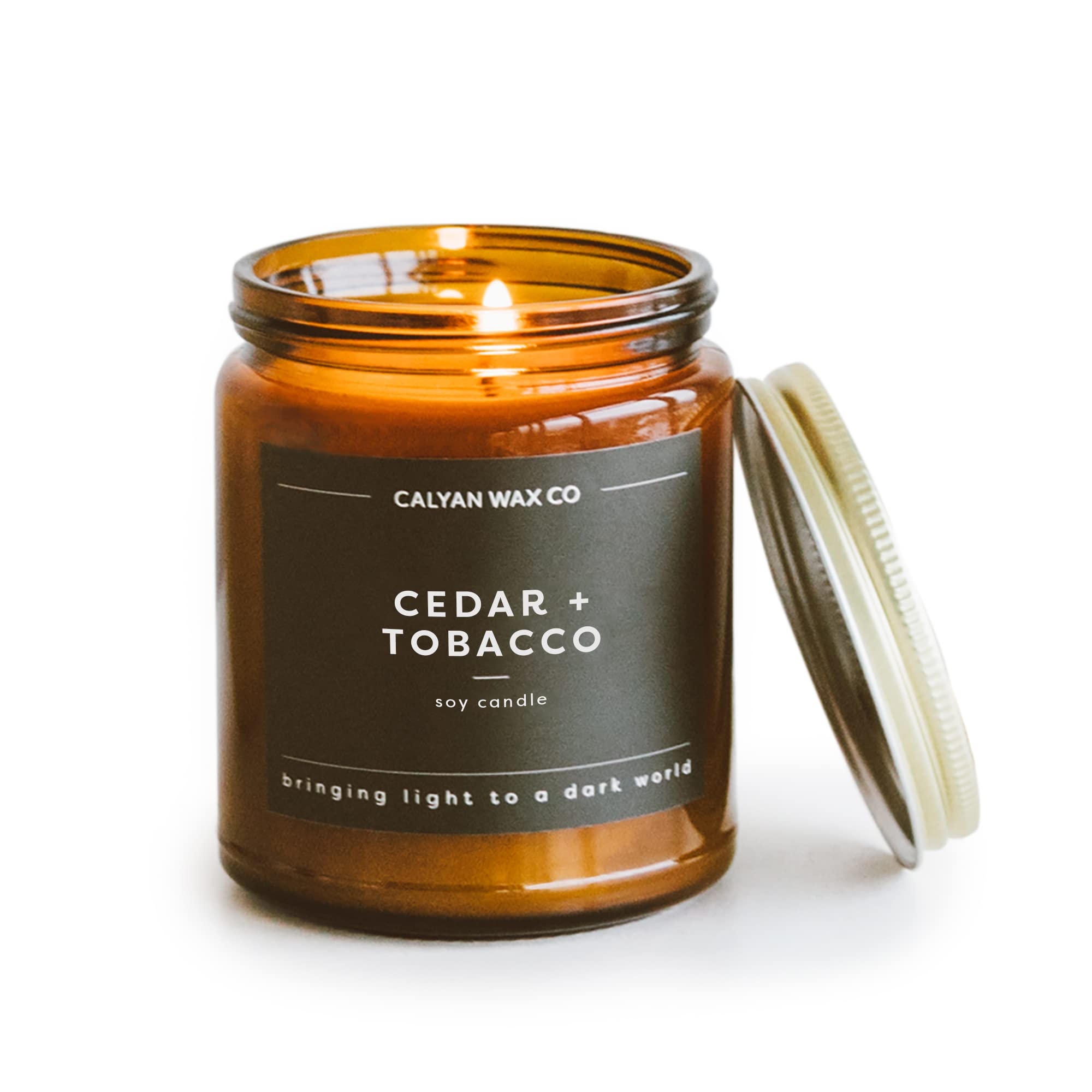 Calyan Wax Co. Soy Wax Candle, Cedar + Tobacco Scented Candle, 57 Hour Burn Time, Aromatherapy Soy Candles, Non Toxic & Vegan Soy Wax, Amber Glass Jar Scented Candles, 7.2oz