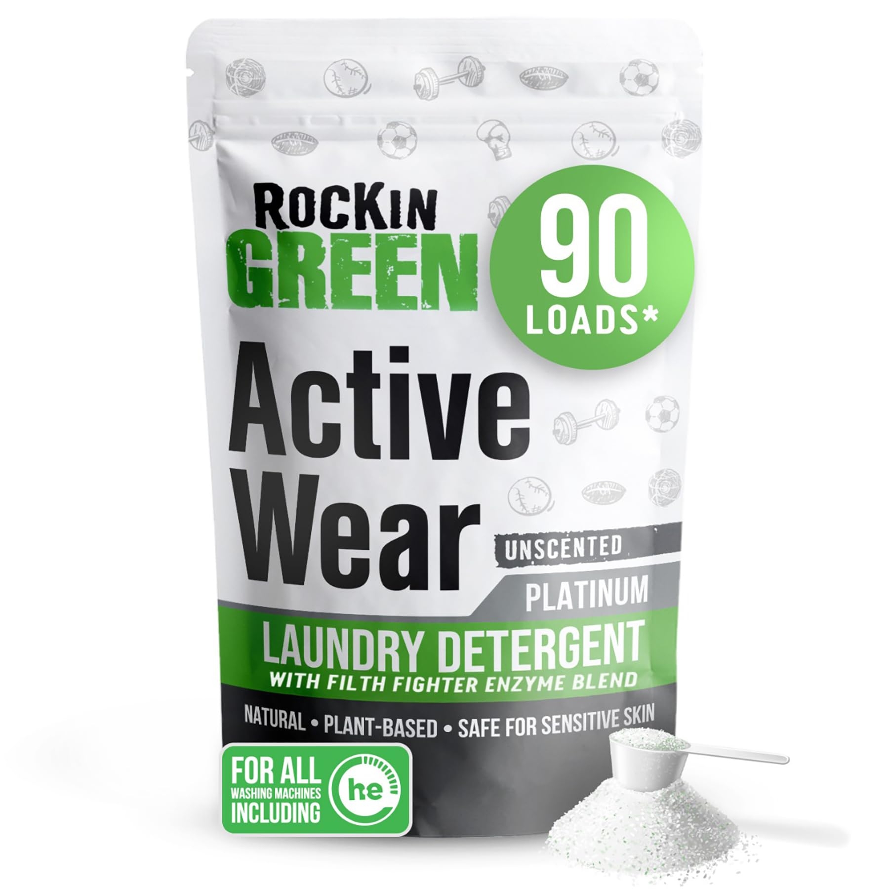 Rockin' Green Laundry Detergent, Plant based, All Natural Laundry Detergent Powder, Vegan and Biodegradable Odor Fighter, Safe for Sensitive Skin (Active Wear 90 Loads - Unscented)