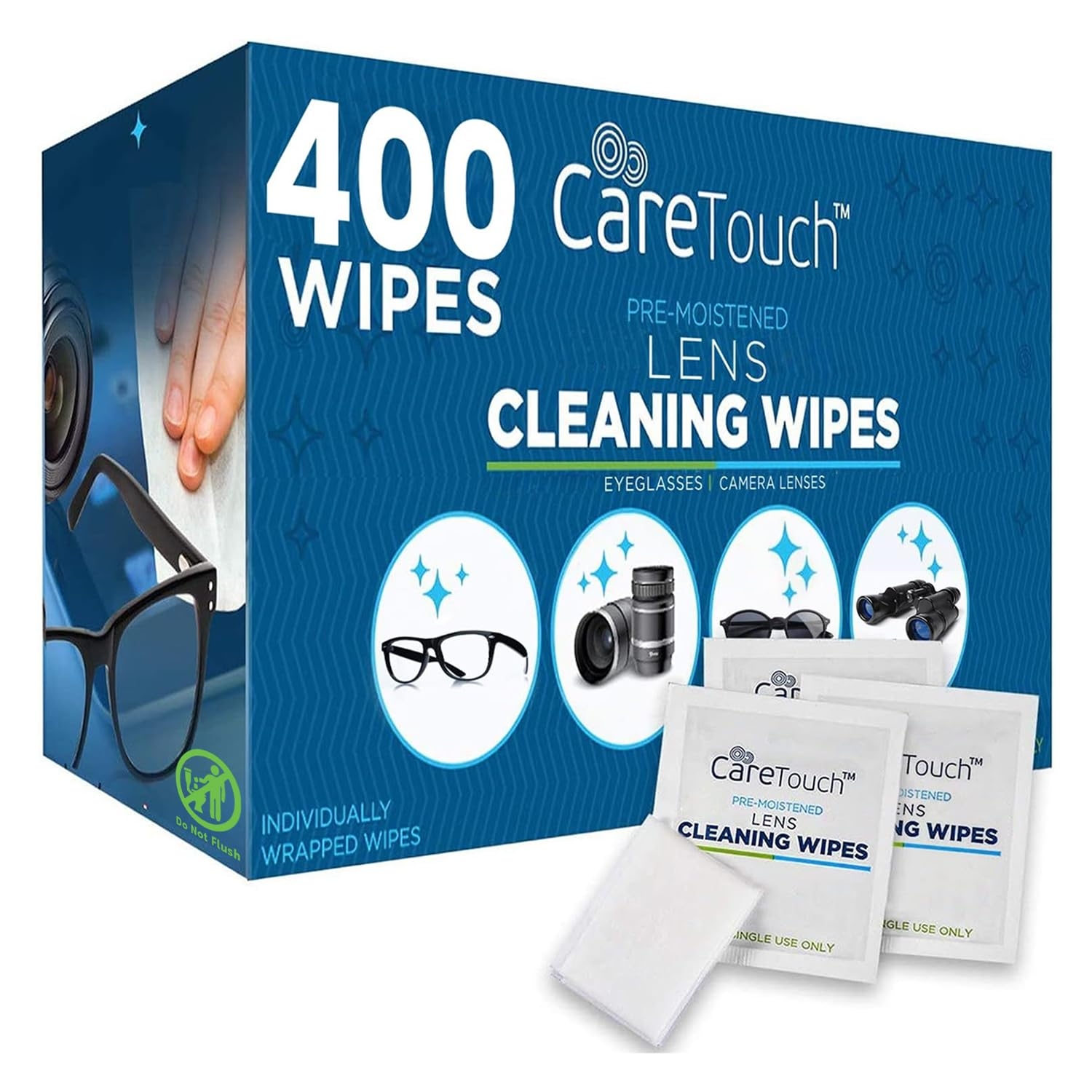 Care Touch Lens Wipes for Eyeglasses - 400 Count Individually Wrapped Pre-Moistened Wipes, 4.5x11-Inch - Sunglasses, Screens, and Glasses Cleaner - Gentle and Portable for Cleaning of Devices