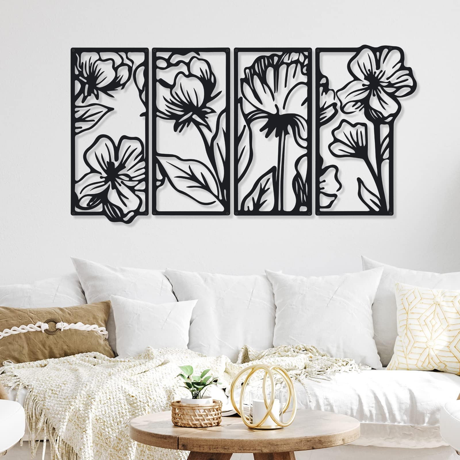 Cunno 4 Pcs Black Wall Decor Metal Floral Minimalist Line Art Wall Living Room Bedroom Flower Aesthetic Modern Sculpture Poppy Theme Hanging Home Kitchen Bathroom Decorations