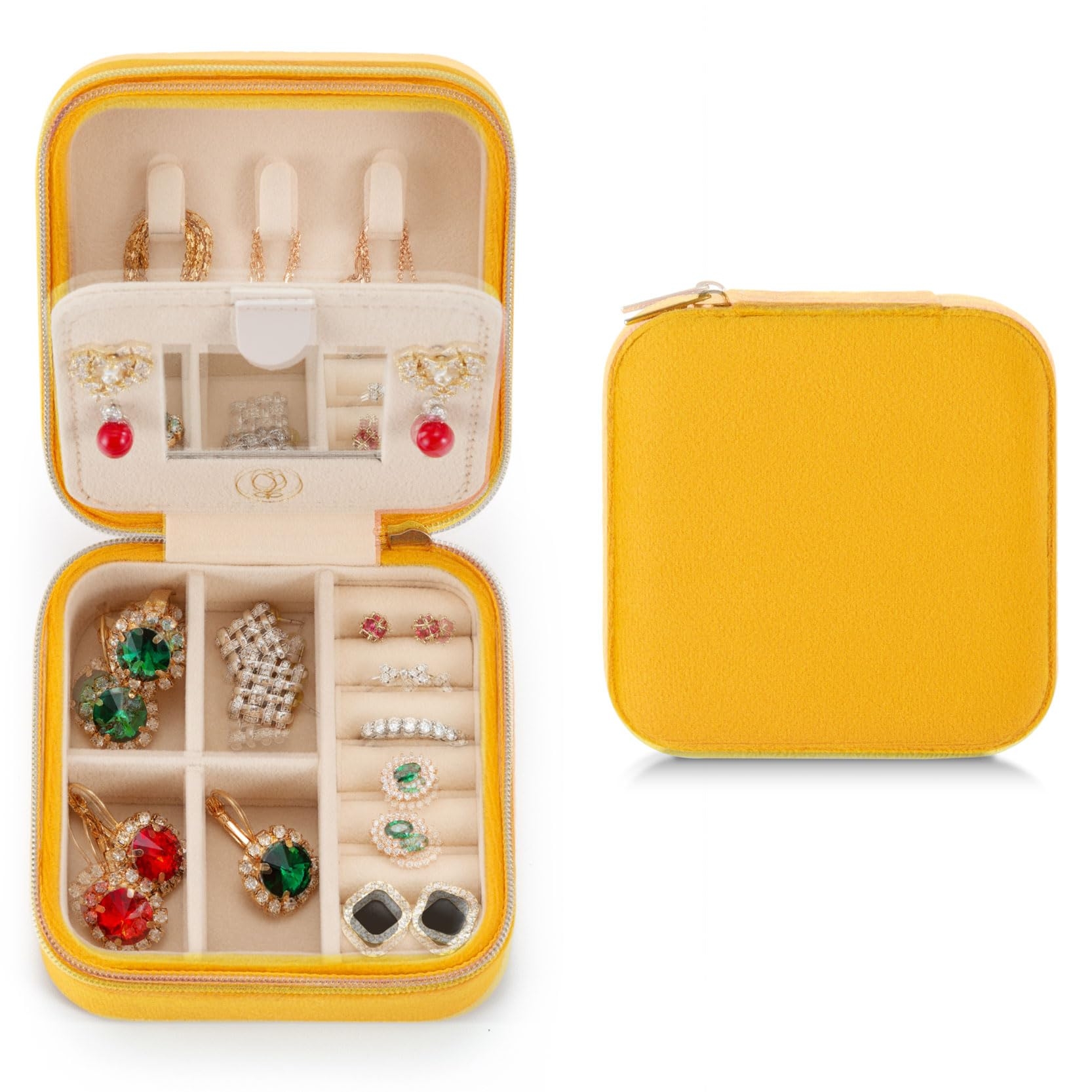 ZPROW Plush Velvet Travel Jewelry Case, Organizer, Box, Small Case for Women, Earring Organizer with Mirror, Best Gifts For Daughter, Girlfriend, Mom | Gifts For Her - Yellow