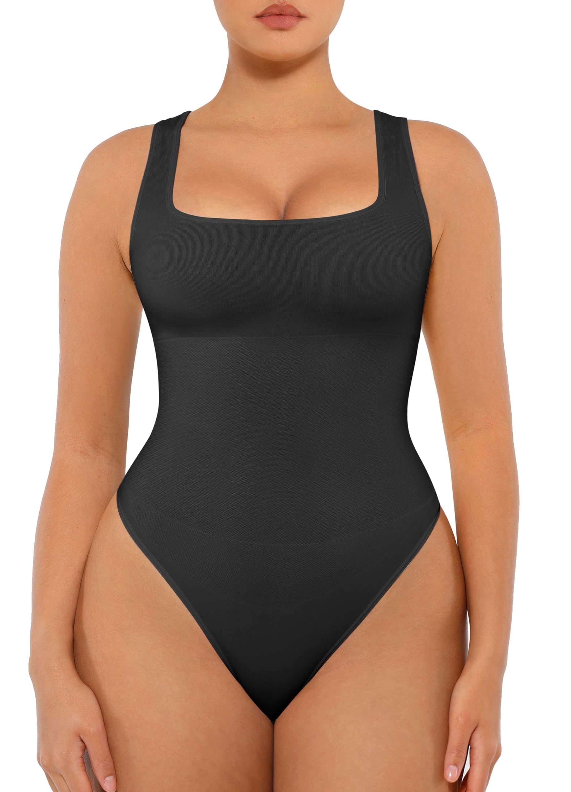 FeelinGirl Bodysuits for Women Seamless Square Neck Tummy Control Compression Thong Shapewear Bodysuit Tank Tops Bodysuit