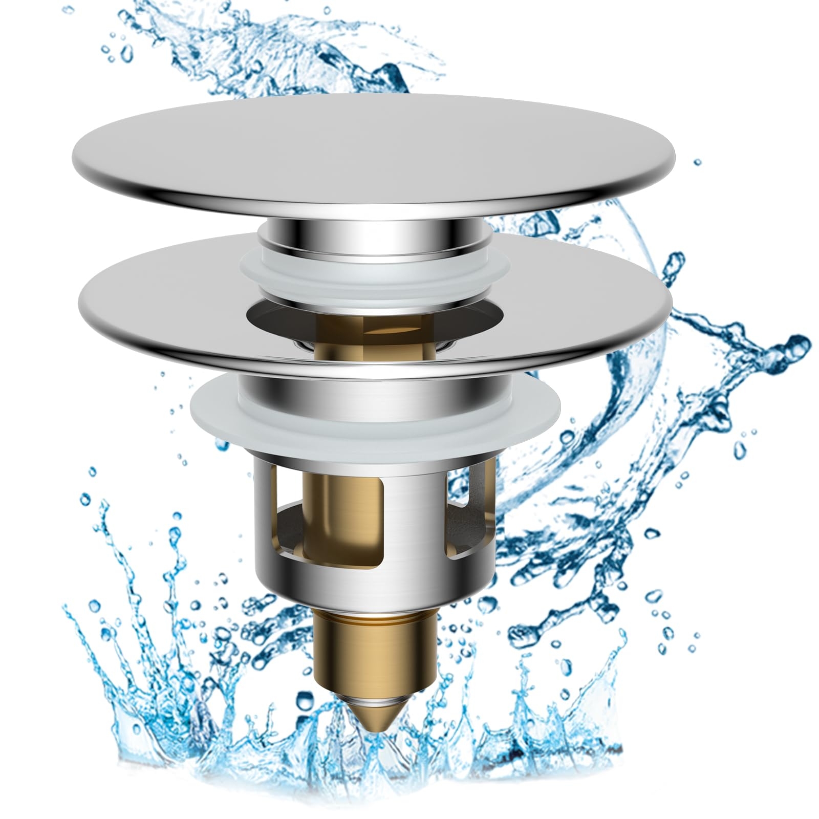 Hibbent All Metal 2 in 1 Bathroom Sink Stopper, Universal Pop Up Drain Strainer, Brass Bullet Core Push Type Sink Stopper for 1.1''~2.3'' Basin, Big Push Button, Anti Clogging Drain Filter, Chrome