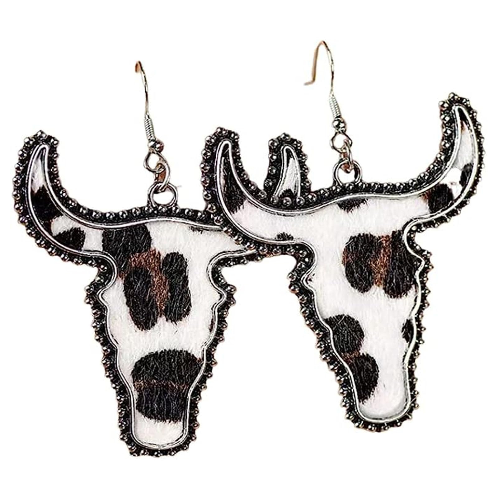 Handmade Funny Western Cowgirl Cowboy Cow Bull Cattle Head Animal Cow Print Drop Dangle Bohemian Ethnic Boho Vintage Earrings Jewelry for Women