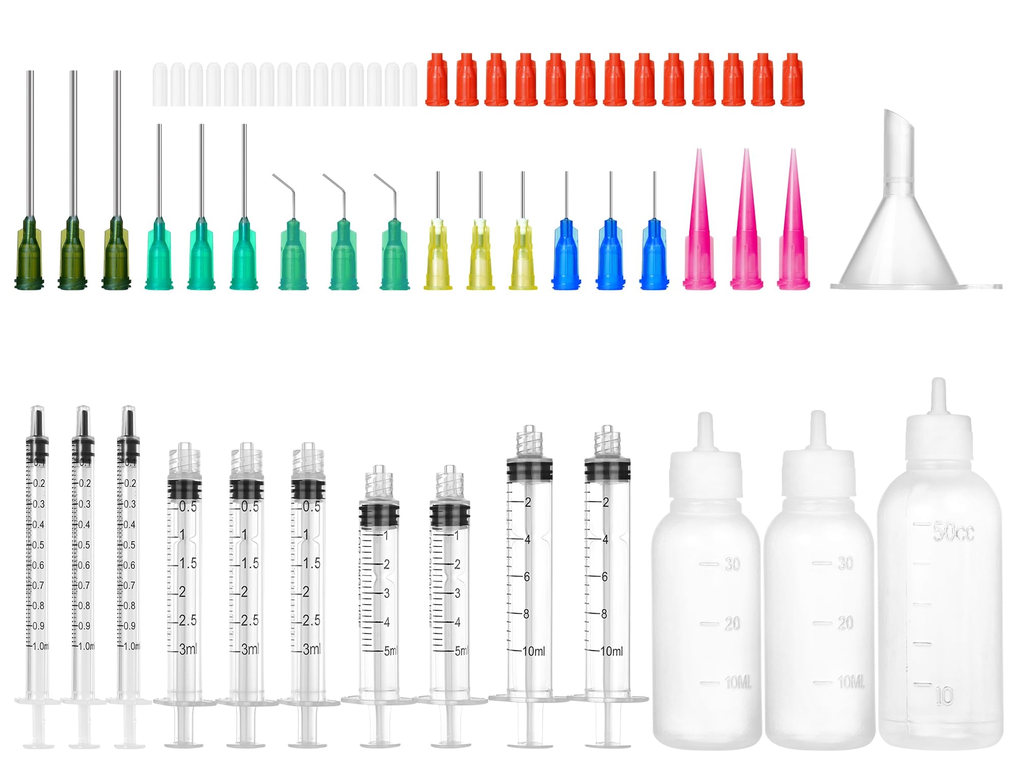Glue Syringe Needle Tip Squeeze Bottles Set (1ml-50ml), 14G-22G Blunt Needle Tip with Caps, Precision Glue Applicator for Oil, Ink and Art Crafts