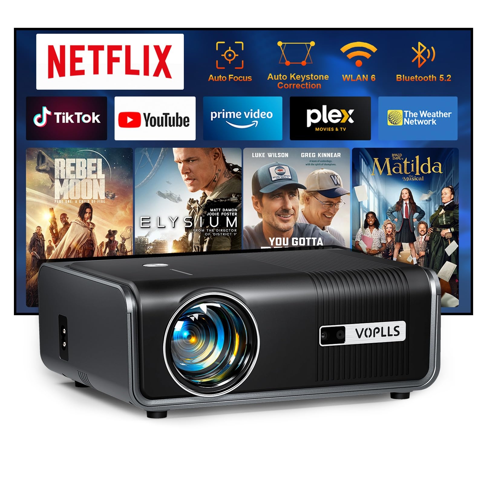 [Built-in Apps & Auto Focus/Keystone] Smart Projector with WiFi and Bluetooth, VOPLLS 700ANSI Native 1080P Outdoor Projector, 50% Zoom Home Theater Movie Projector for Bedroom/iOS/Android/PPT