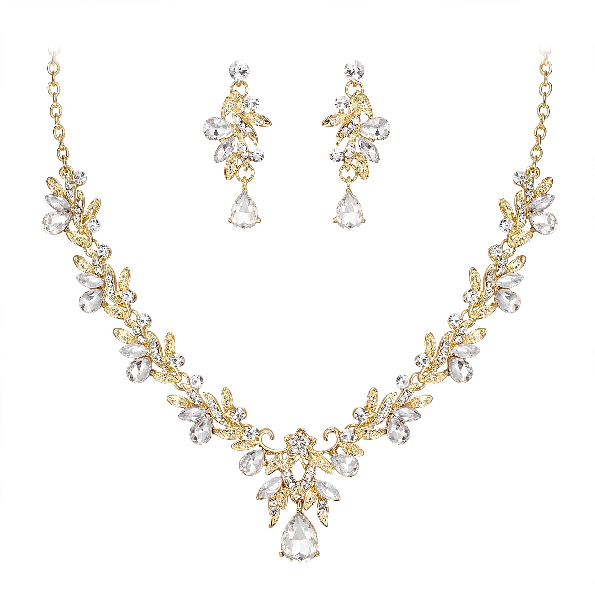 BriLove Women's Wedding Jewelery Set Leaf Flower Crystal Teardrop Marquise Cluster Pendant Necklace Dangle Earrings for Bridal Party