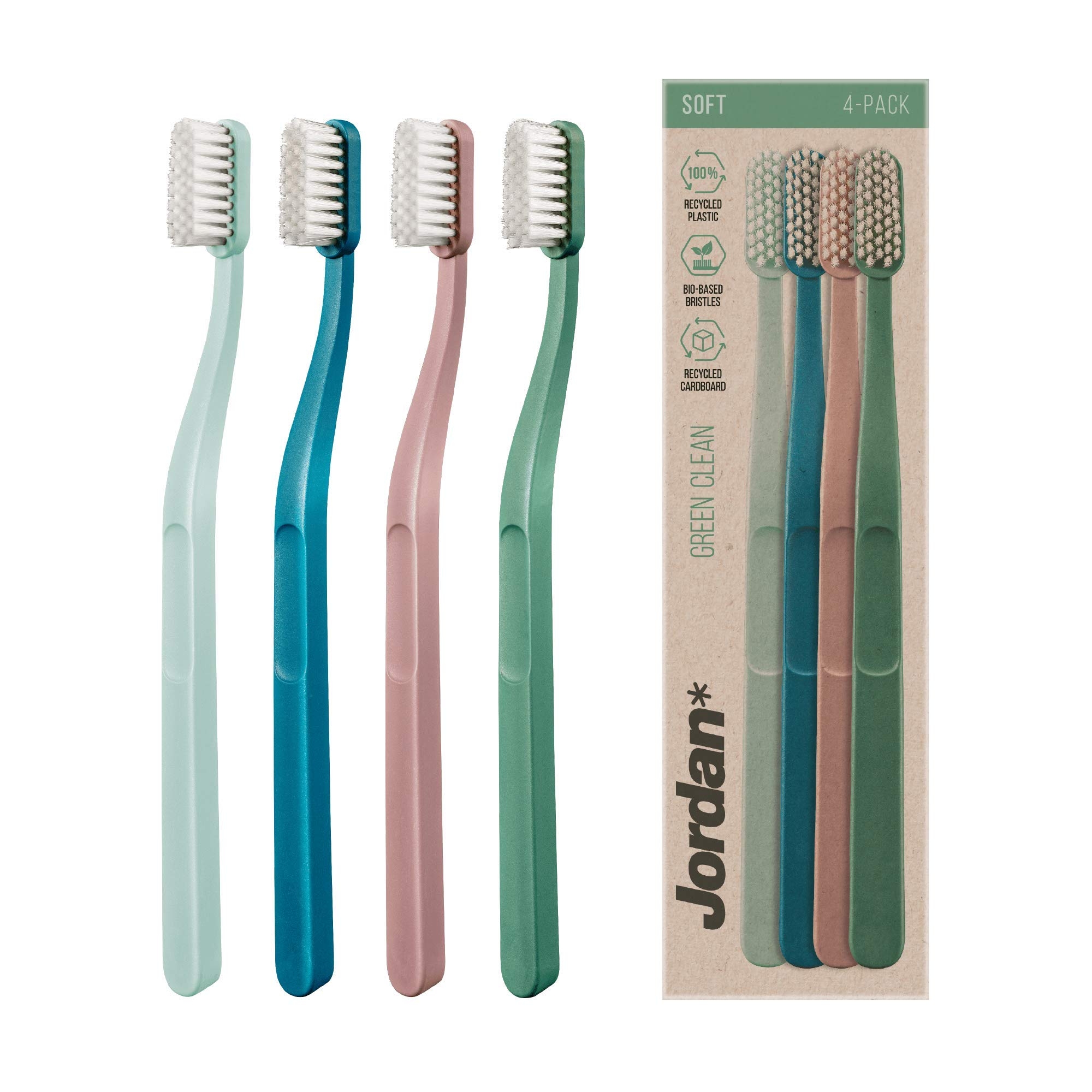 Jordan Green Clean Manual Toothbrush - Sustainable, Eco-Friendly Scandinavian Design, Soft Bristles, Mixed Colors, 4 Units