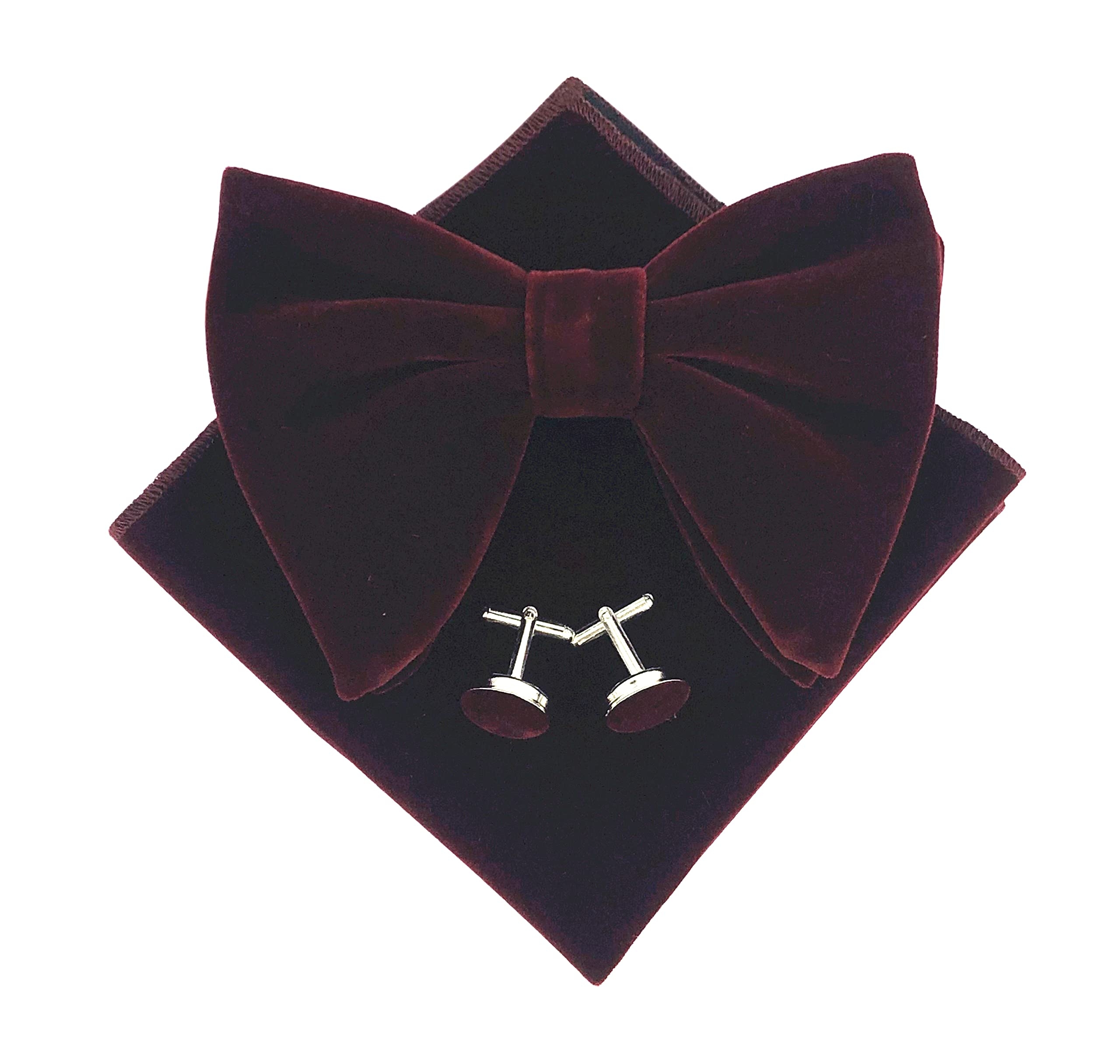 Mens Pre-Tied Oversized Bow Tie Tuxedo Velvet Bowtie Cufflinks Hankie Combo Sets