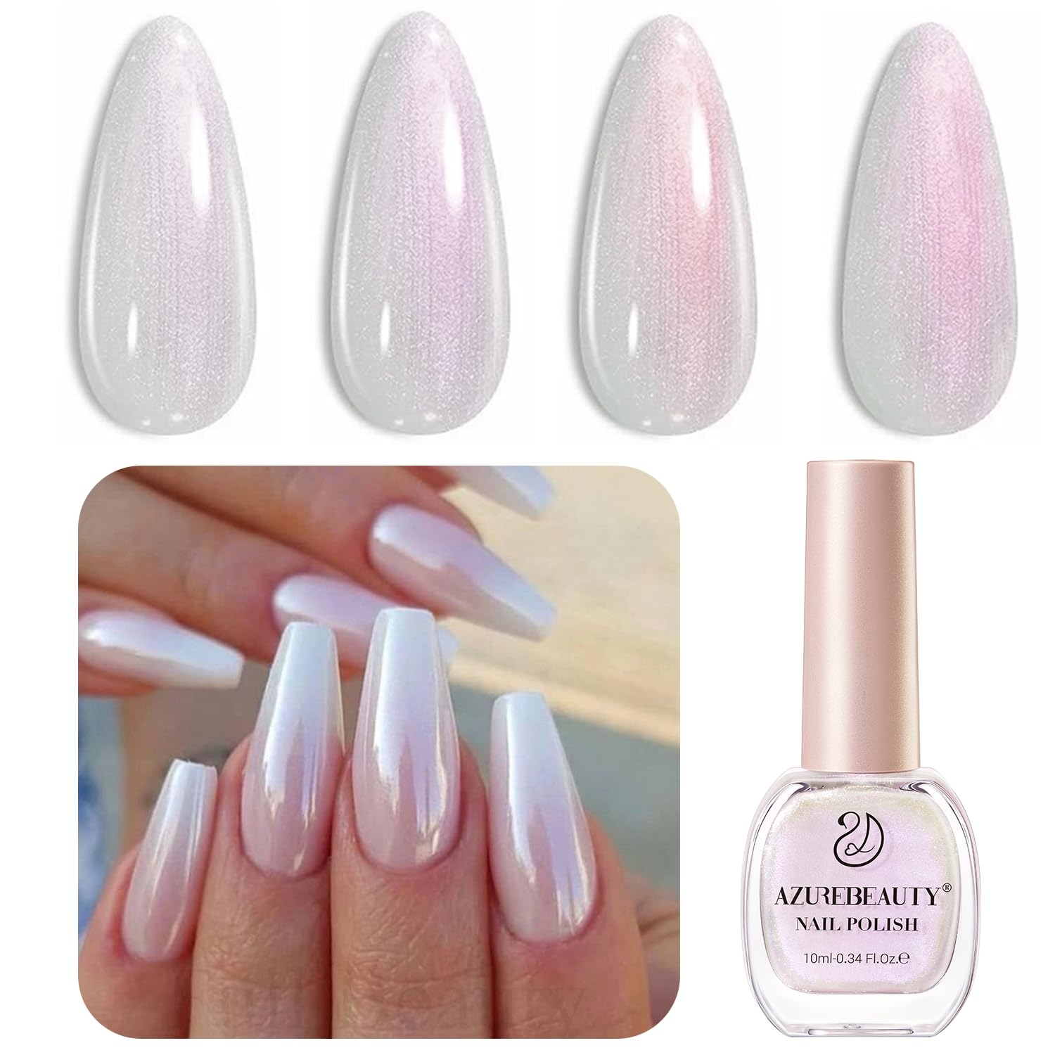 AZUREBEAUTY Glitter Pearl Nail Polish,Shine White Quick Dry, Natural Lustrous Enamel for DIY Manicure & Pedicure